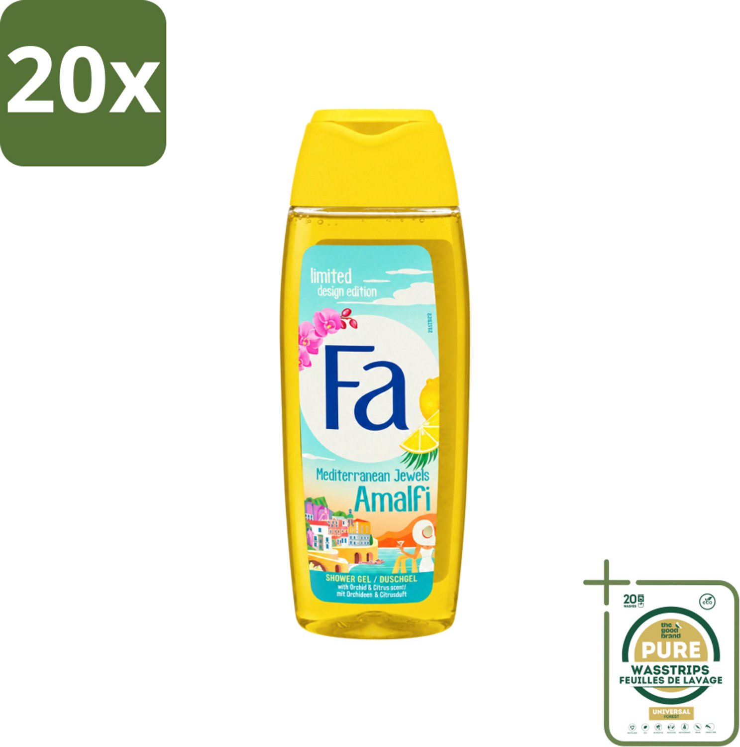 20 x Fa - Douchegel - Mediterranean Jewels Amalfi - Orchidee & Citrus - Frisse & Tropische Geur - Verfrissend - 250 ml - Wasstrips - Douchegel Orchidee Citrus - Tropische Geur - Verfrissend - Zomerse Geur - Huidhydraterend