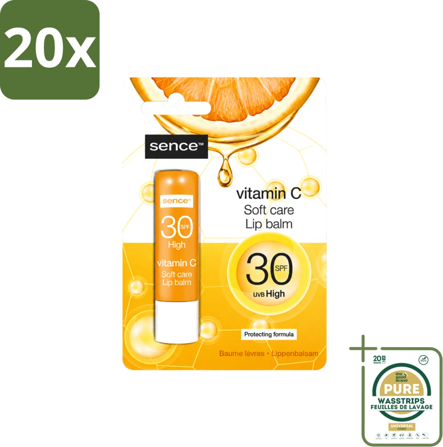 20 x Sence - Soft Care Vitamin C - Lippenbalsem - Hydraterend - 4,3 g - Wasstrips - Vitamine C Lippenbalsem - Hydraterende Lippenbalsem - Verzorgde Lippen - Droge Lippen Herstel - Lippenbescherming