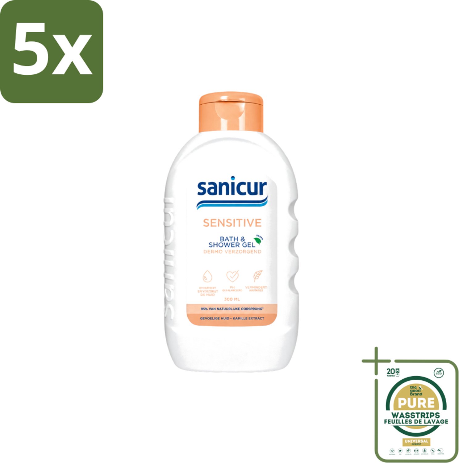 5 x Sanicur – Bad & Douchegel – Sensitive – 300 ml - Wasstrips - Gevoelige Huid - Bad En Douchegel - Milde Reiniging - Droge Huid - Kamille Extract