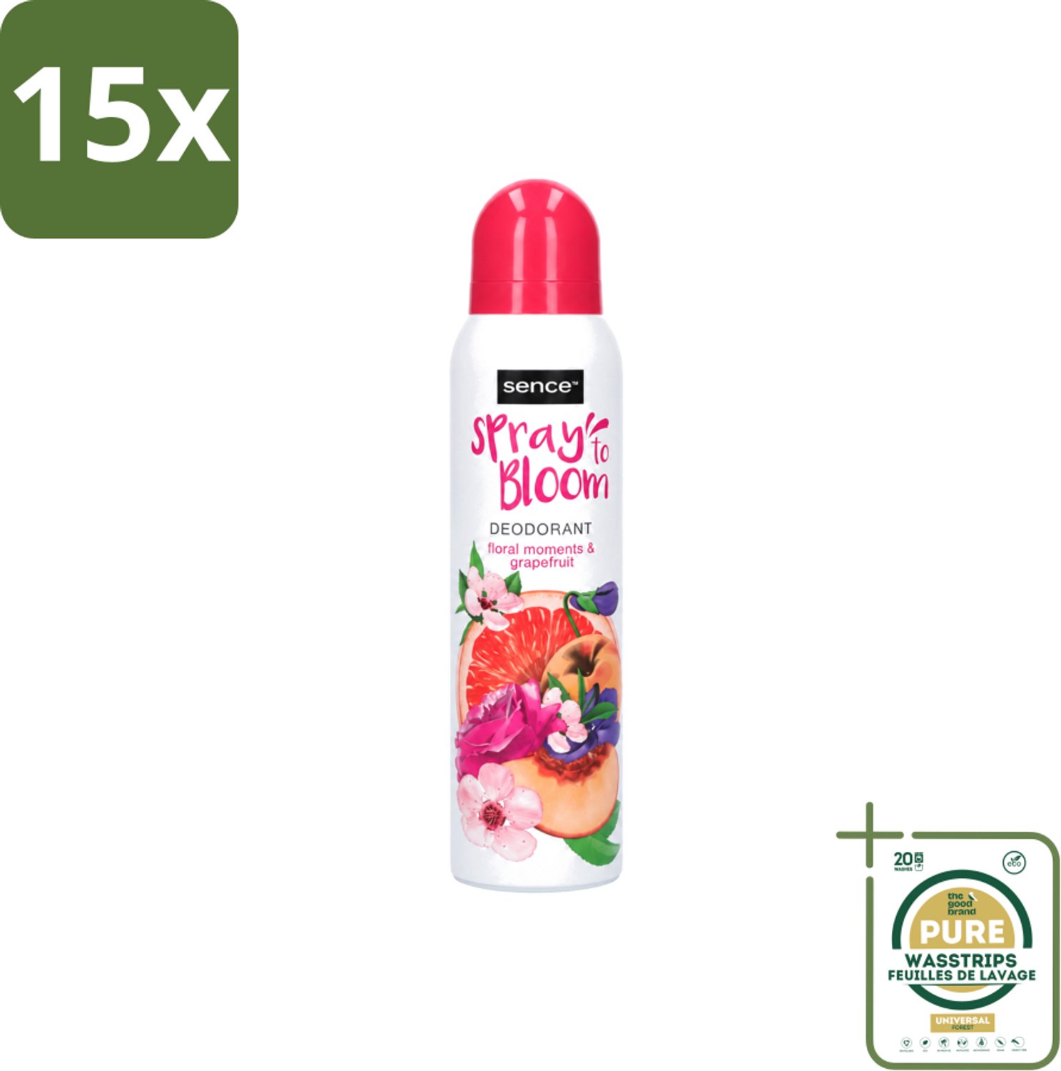 15 x Sence - Floral & Grapefruit - Deodorant - Fris & Fruitig - 150 ml - Wasstrips - Frisheid - Fruitige Geur - Bloemige Geur - Grapefruit - Deodorant
