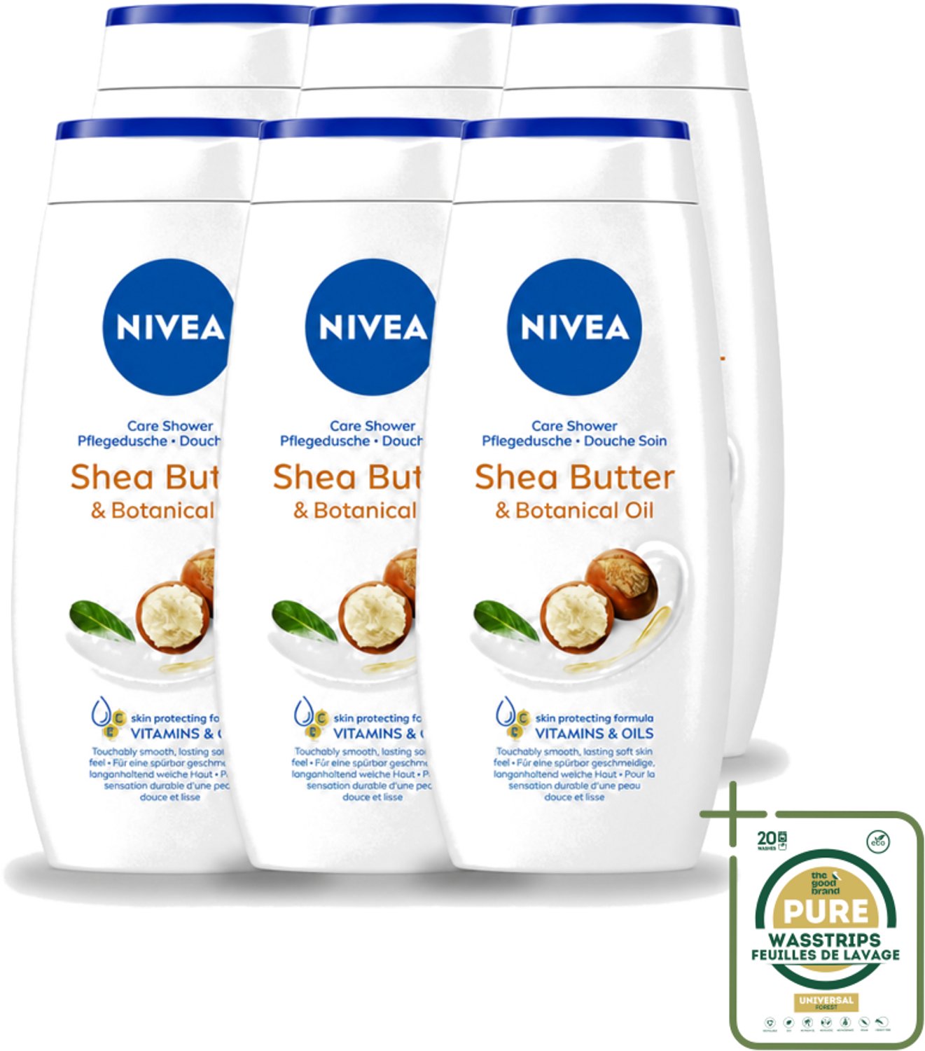 6 x Nivea - Douchegel - Shea Butter & Botanical Oil - 250 ml - Wasstrips - Douchegel - Shea Butter - Natuurlijke Olie - Huidverzorging - PH-huidneutraal