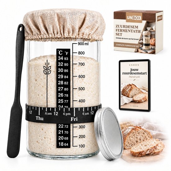 De complete Unbox zuurdesem fermentatie set met pot, spatel, deksels en e-boek.