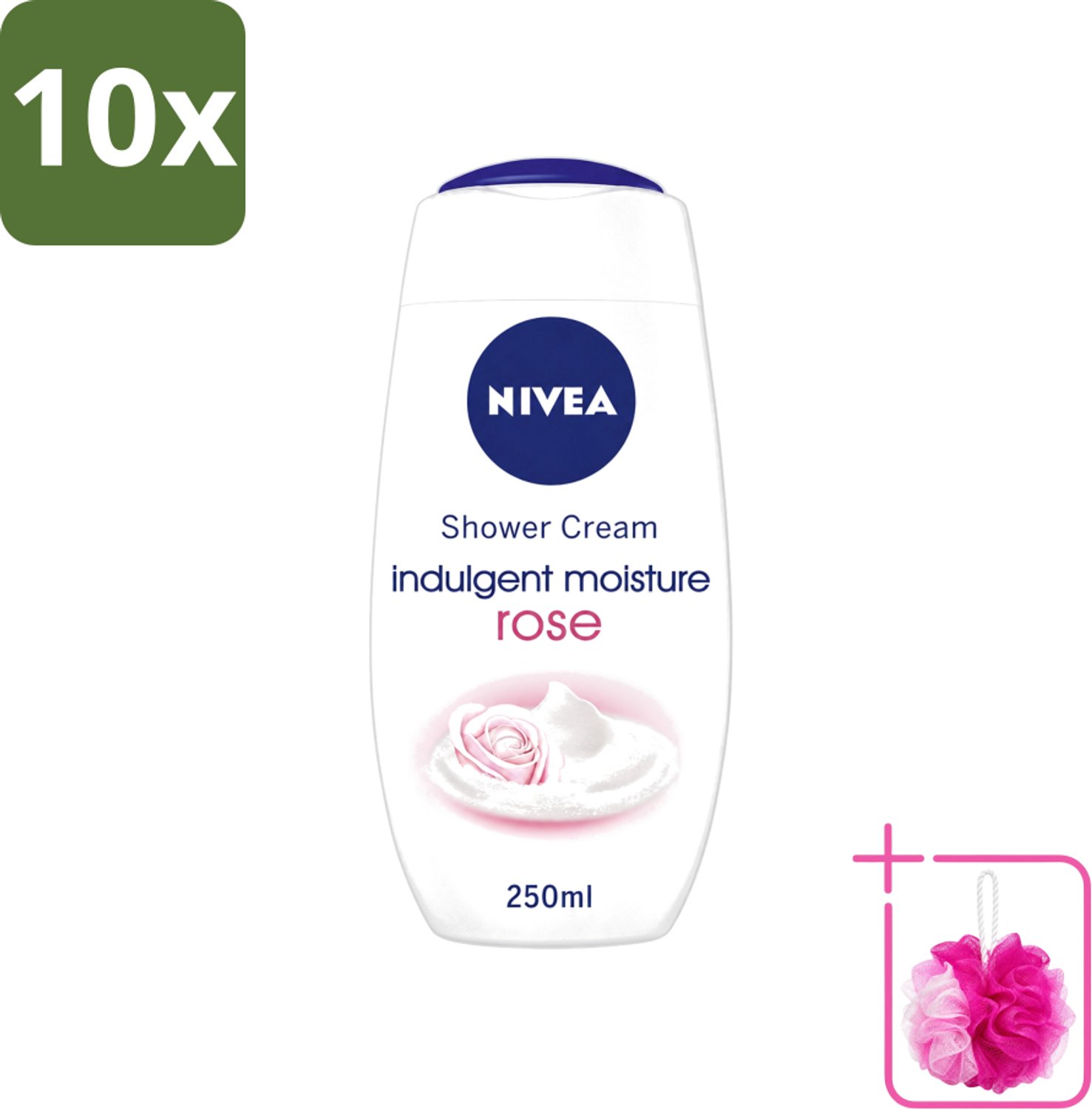 10 x Nivea - Shower Indulgent Moisture Rose Douchecrème - 250 ml - Bulkverpakking - Douchecrème - Douchemop - Hydraterende douchecrème