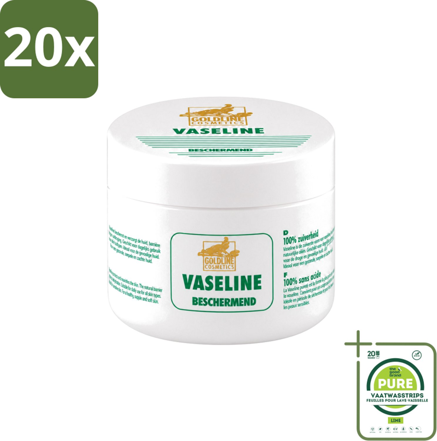 20 x Goldline - Vaseline - Huidverzorging - Beschermend & Hydraterend - 250 ml - Grootverpakking - Vaatwasstrips - Bodycrème - Hydratatie - Bescherming - Huidverzorging - Vocht Vasthouden