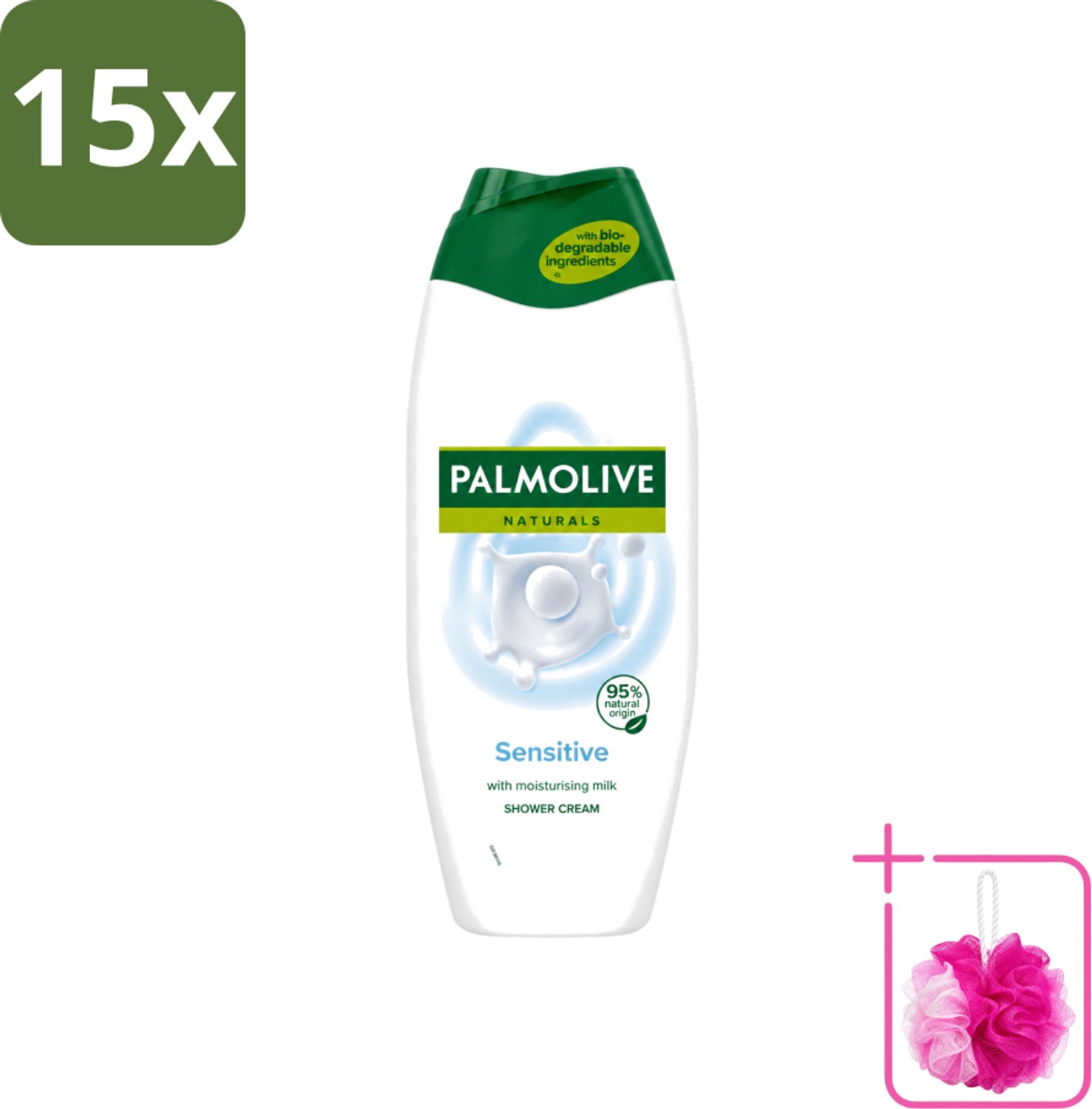 15 x Palmolive Naturals - Douchegel - Sensitive - Voor Gevoelige Huid - 500 ml - Bulkverpakking - Douchegel gevoelige huid - Douchemop - Melkproteïnen