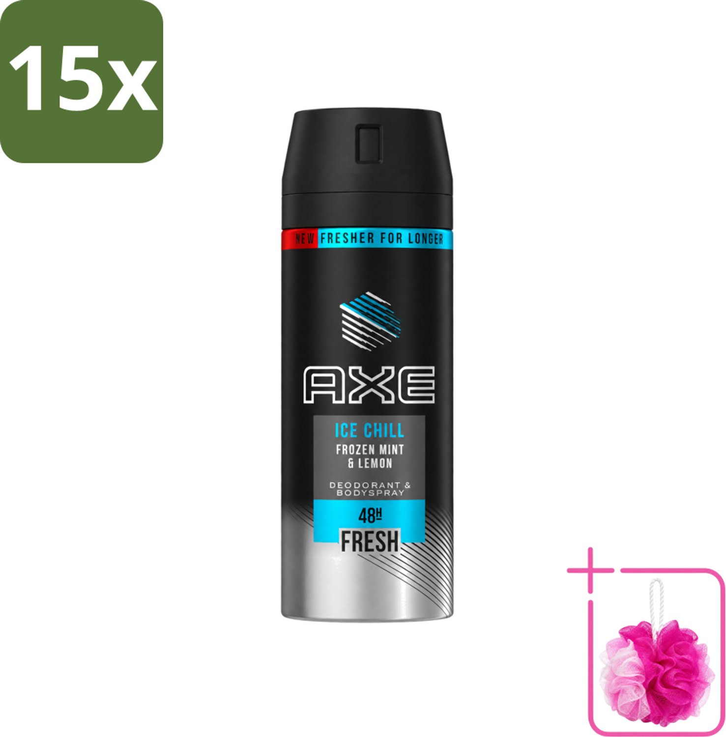 15 x Axe - Deodorant Bodyspray - 48hrs Fresh - Ice Chill - Frozen Mint & Lemon - 150 ml - Bulkverpakking - Bevroren munt - Douchemop - Citroen