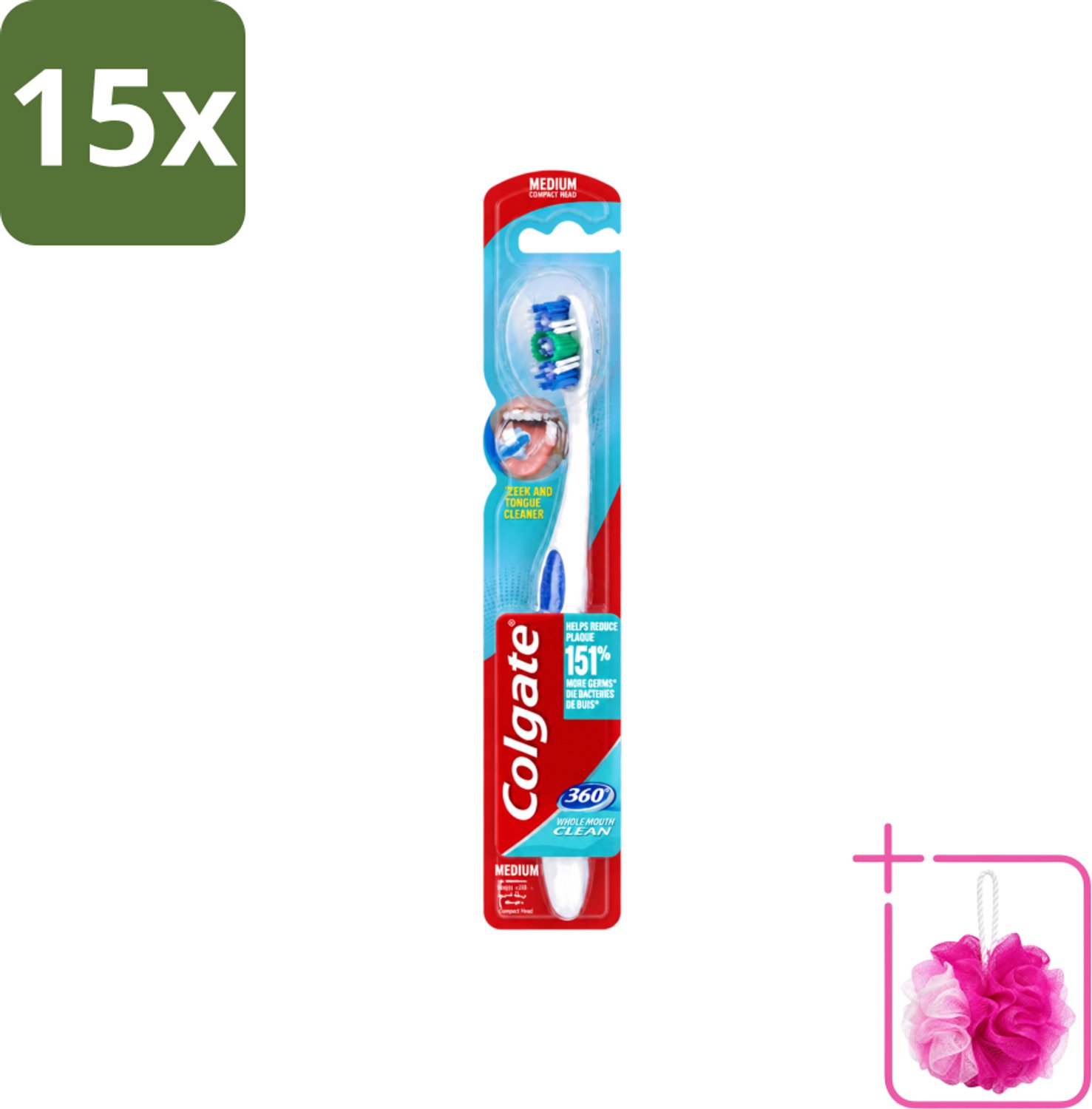 15 x Colgate - Tandenborstel - 360 Whole Mouth Clean Medium - Wit/Blauw - 1 Tandenborstel - Bulkverpakking - Tandenborstel - Douchemop - Mondhygiëne