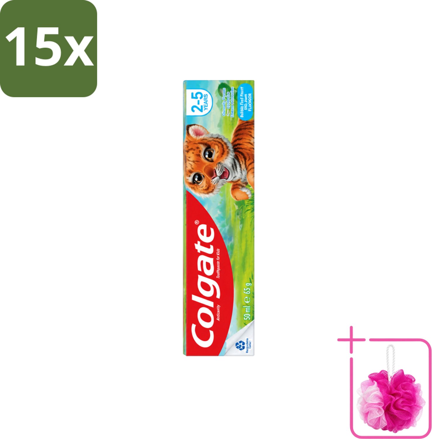 15 x Colgate - Bubble Fruit - Kindertandpasta - Voor 2 tot 5 jaar oud - 50ml - Bulkverpakking - Kinder tandpasta - Douchemop - Melktanden beschermen