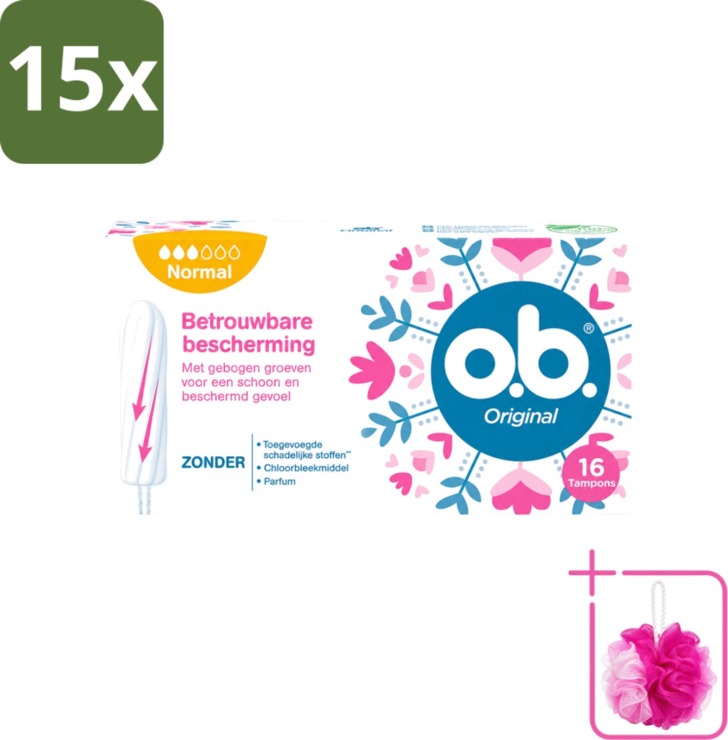 15 x o.b. Tampons - Original Normal - Voor Comfort en Betrouwbare Bescherming - 16 Tampons - Bulkverpakking - Tampons - Douchemop - Menstruatiebescherming