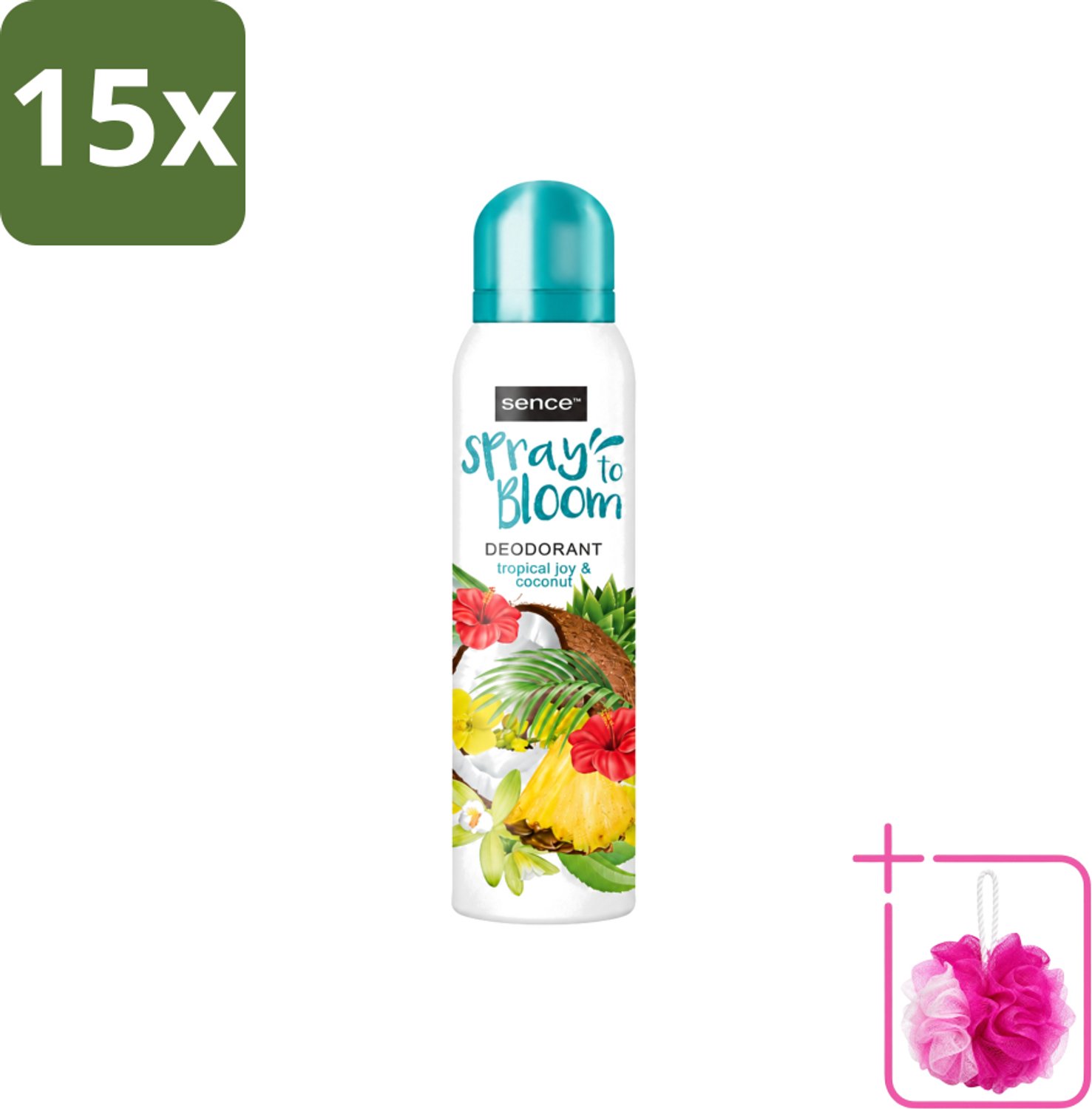 15 x Sence - Tropical Joy & Coconut - Deodorant - Exotisch - 150 ml - Bulkverpakking - Tropische geur - Douchemop - Kokos