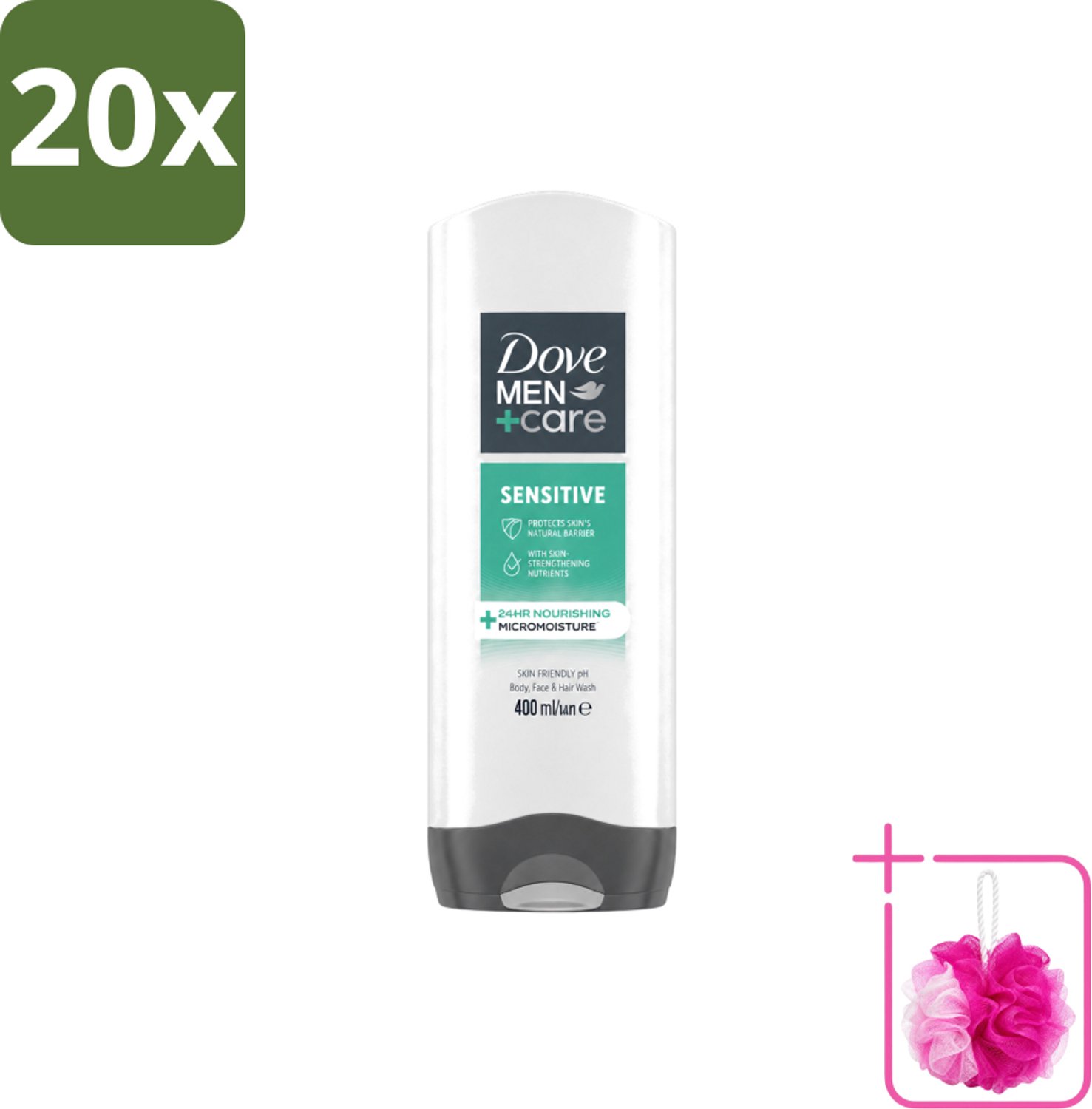 20 x Dove - Shower Gel - 3-in-1 - Men Care Sensitive - Verfrissend en zacht - 400 ml - Bulkverpakking - Douchegel voor mannen - Douchemop - Gevoelige huid