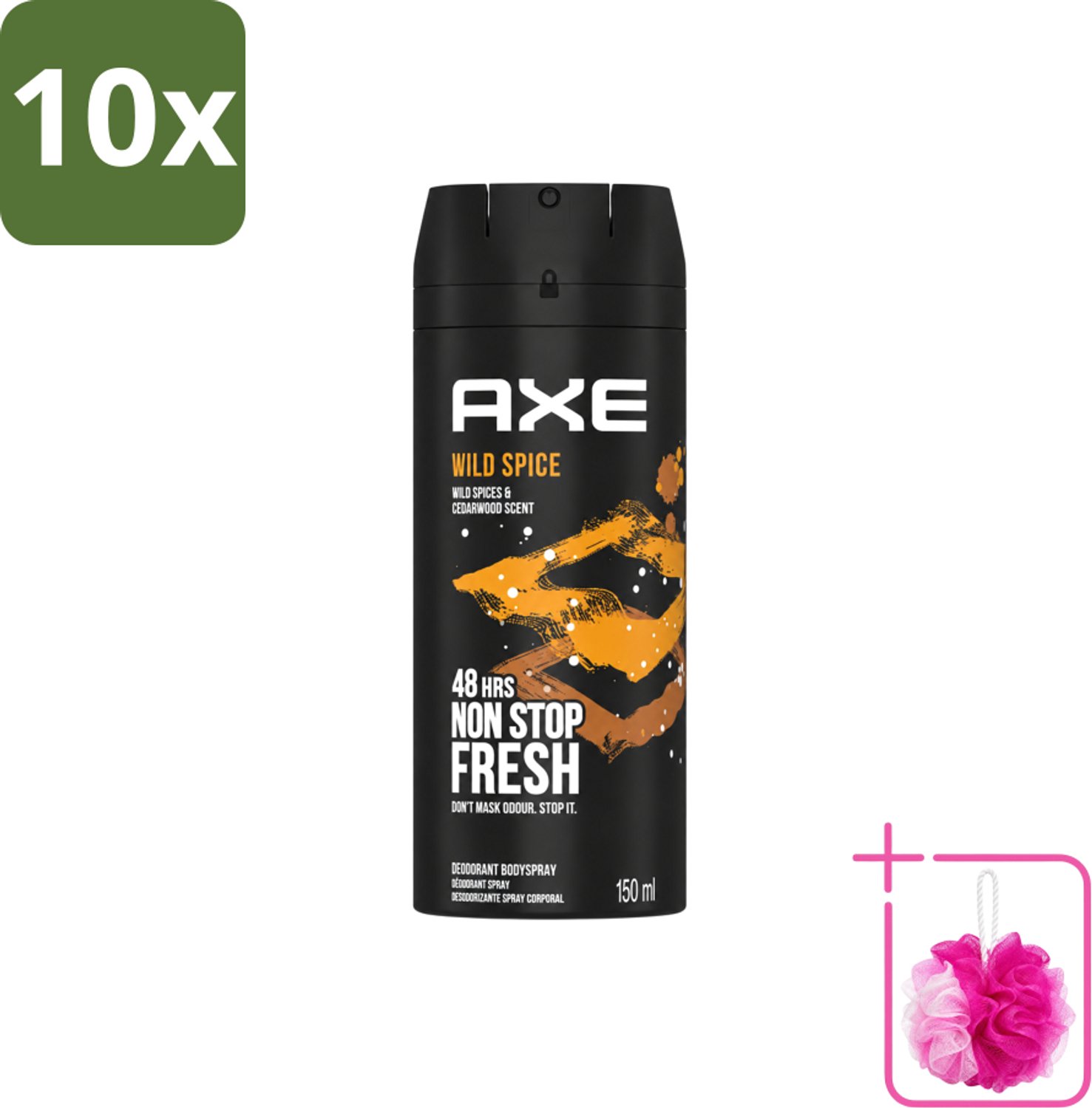 10 x Axe - Deodorant Bodyspray - 48hrs Non Stop Fresh - Wild Spice - Wild Spices & Cedarwood - 150 ml - Bulkverpakking - Deodorant - Douchemop - Bodyspray
