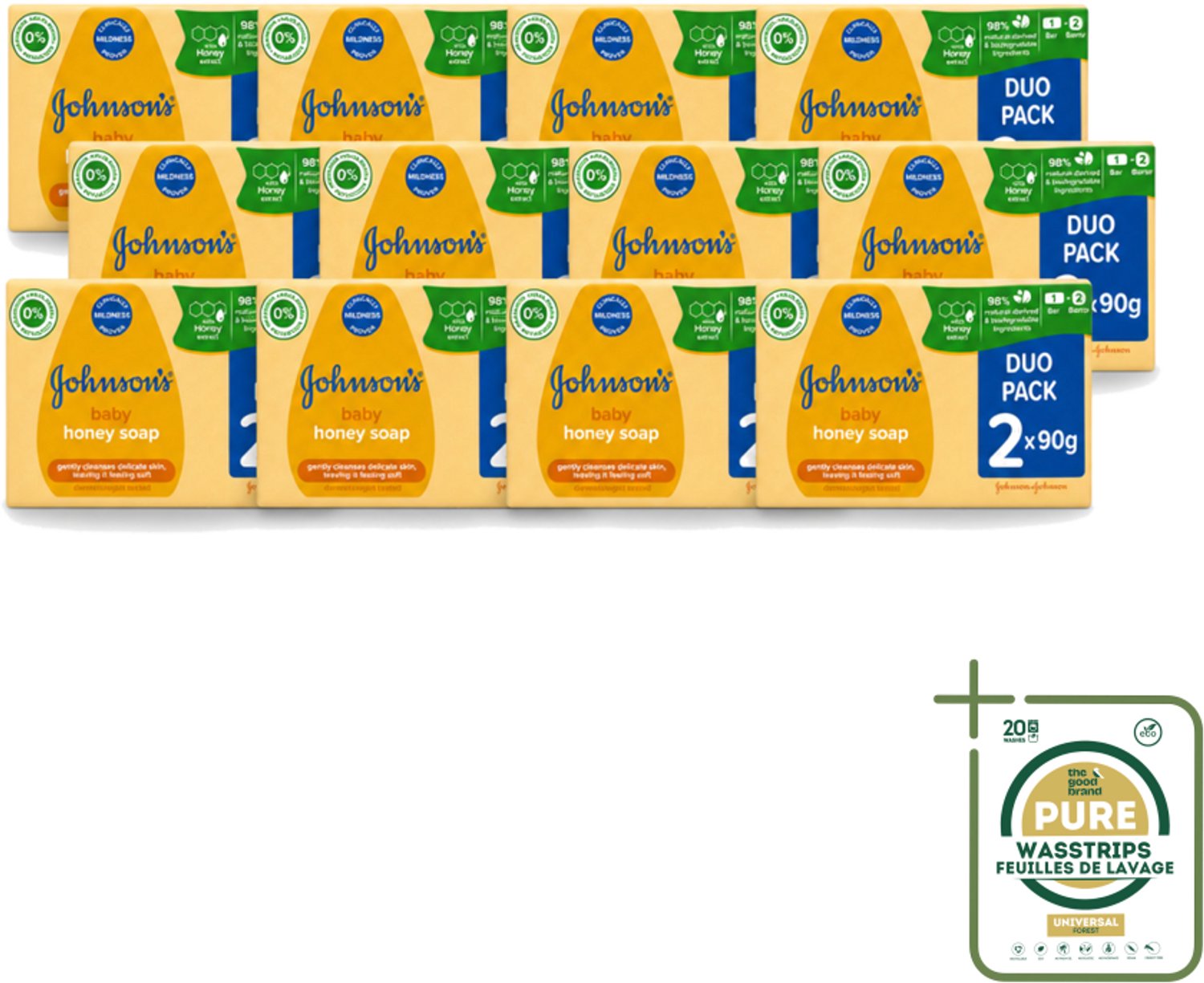 12 x Johnson's - Baby Honey Soap - Zacht - Reinigt Gevoelige Huid - 2 x 90 g - Wasstrips - Babyhuid Reinigen - Honing Zeep - Gevoelige Huid - Zachte Zeep - Dermatologisch Getest