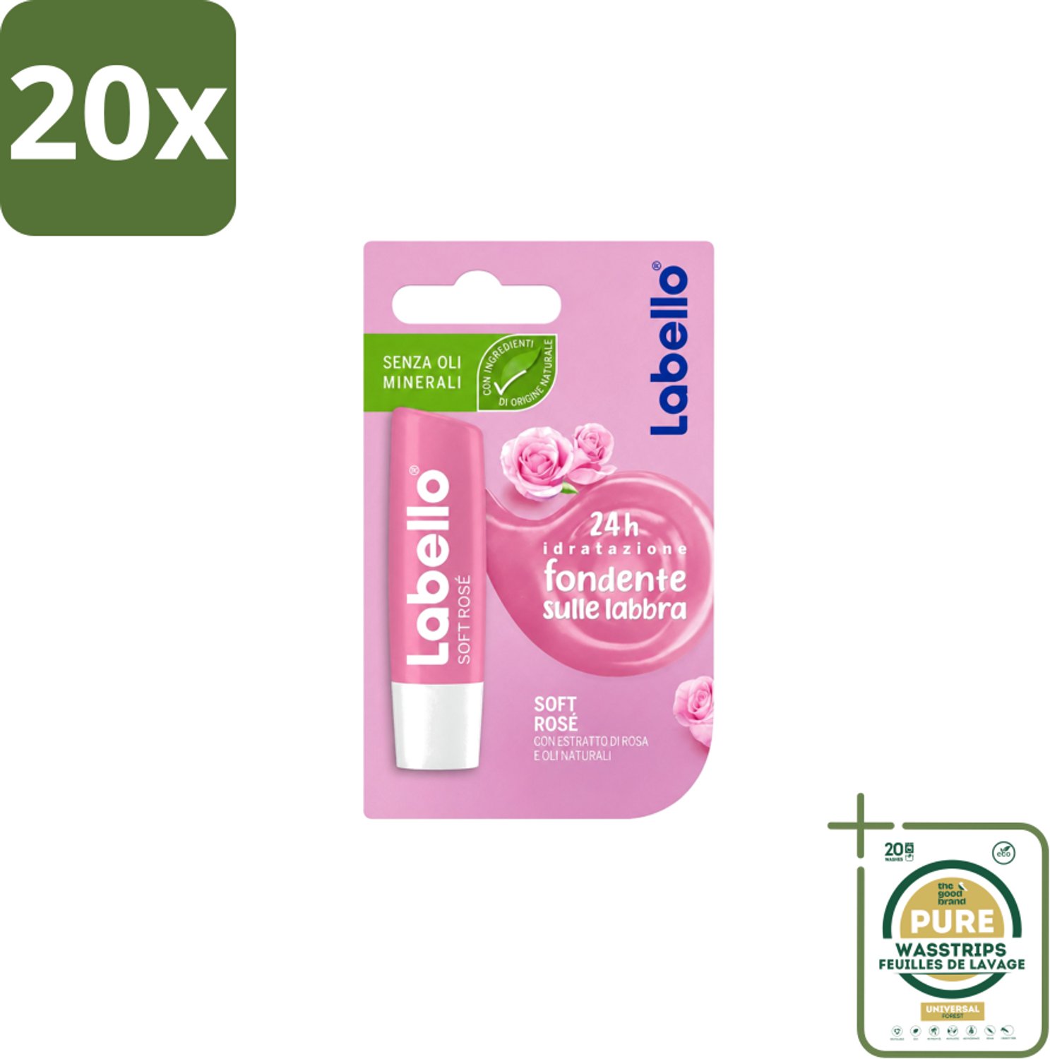 20 x Labello – Lippenbalsem – Soft Rosé - Wasstrips - Lippenbalsem - Rosé Lippenbalsem - Hydratatie Lippen - Natuurlijke Glans - Verzorging Lippen
