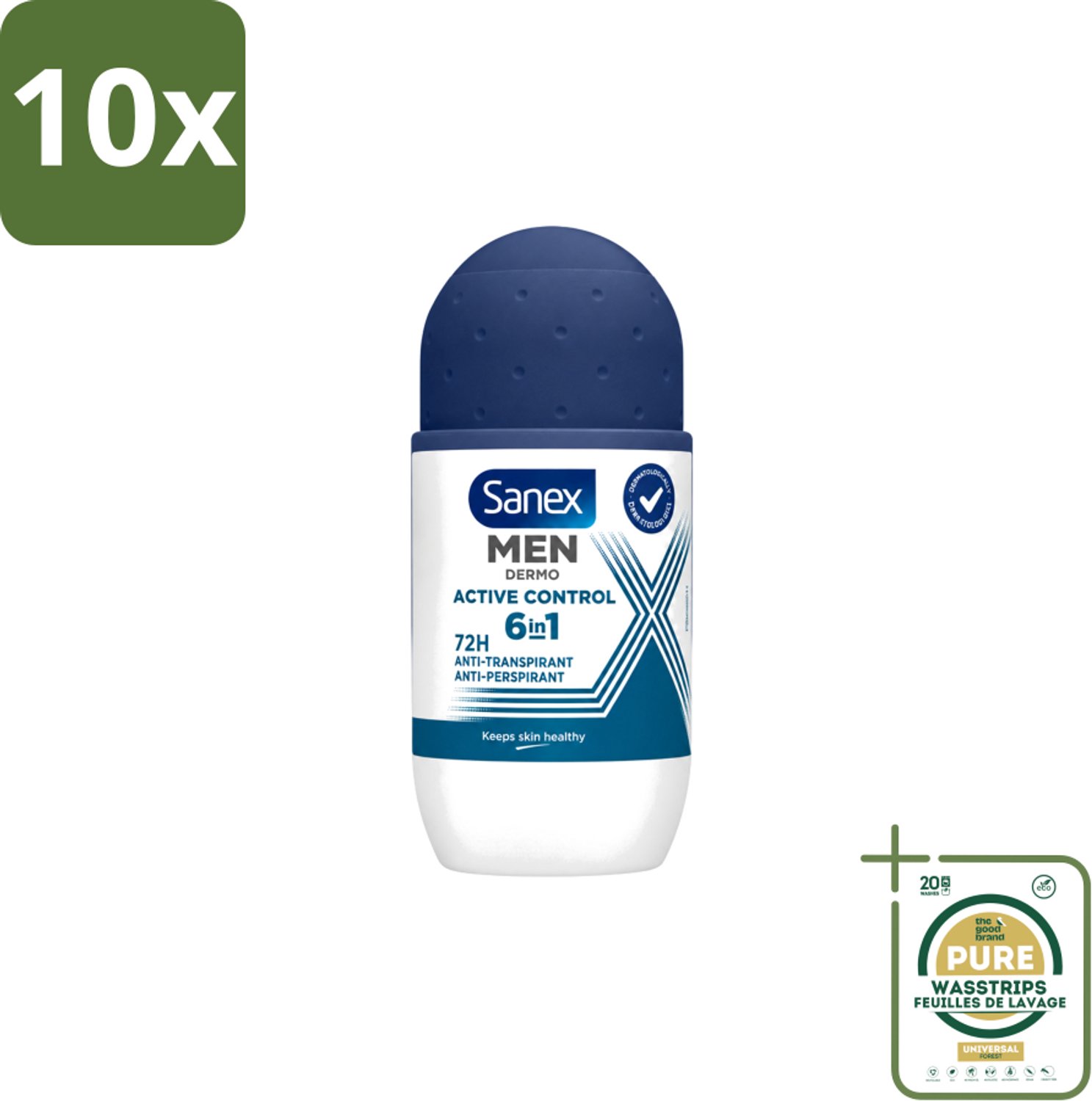 10 x Sanex Men – Deo Roll-on – Active Control – 53 ml - Wasstrips - Mannelijke Deodorant - Zweetbescherming - Okselbescherming - Huidcomfort - Anti-irritatie