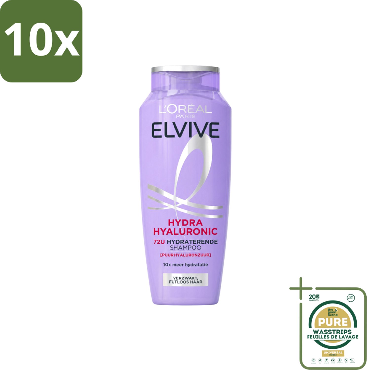 10 x L’Oréal Paris Elvive – Shampoo – Hydra Hyaluronic – Hydraterend – 250 ml - Wasstrips - Hydra Hyaluronic Shampoo - Droog Haar Shampoo - Hyaluronzuur Shampoo - Intensieve Hydratatie - Haar Hydrateren