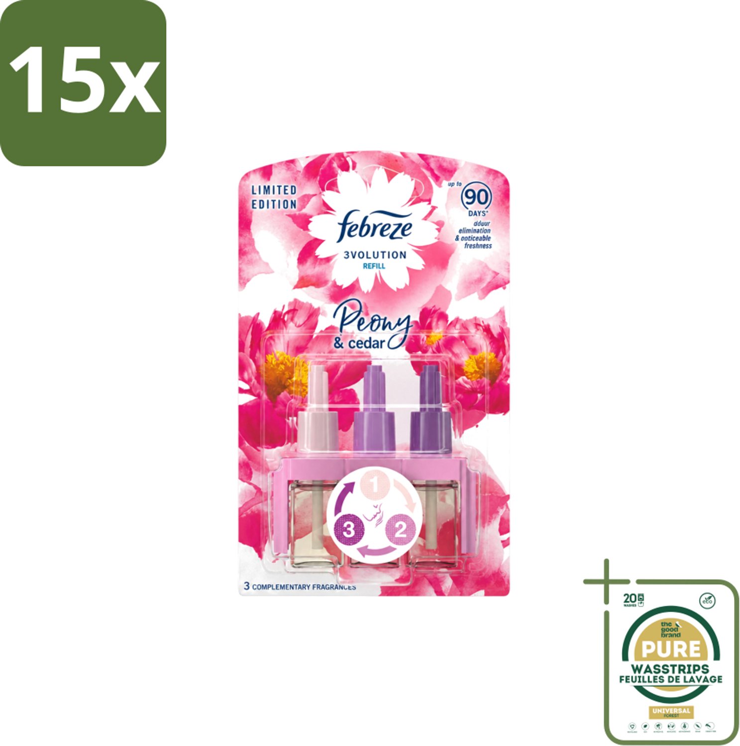 15 x Ambi Pur – Luchtverfrisser – 3Volution Peony & Cedar – Langdurig - Wasstrips - Luchtverfrisser - Elektrische Luchtverfrisser - Geurverwijdering - Geurrotatie - OdourClear