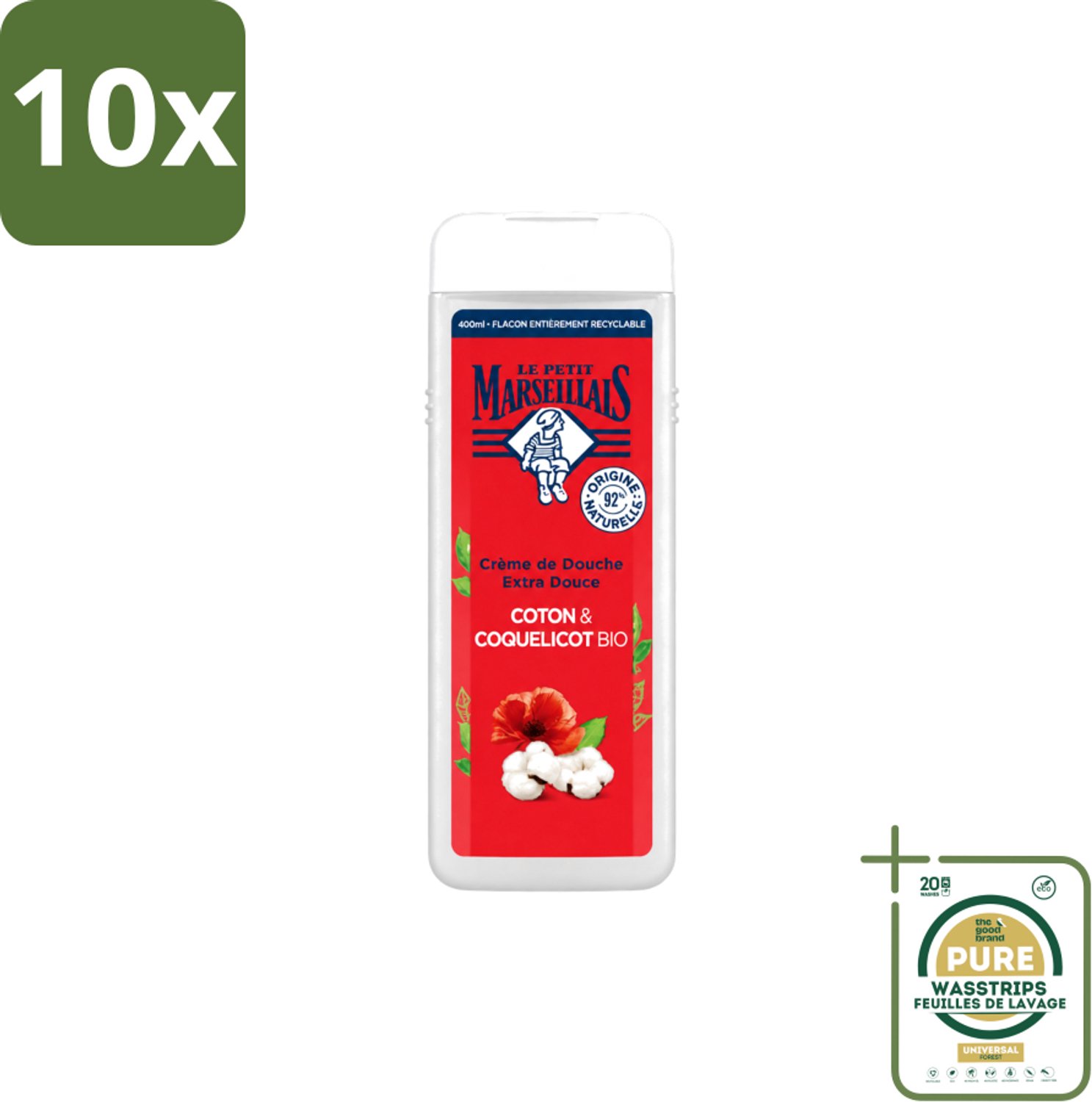 10 x Le Petit Marseillais – Douchegel – Bio Katoenmelk & Papaver – 400 ml - Wasstrips - Douchegel Bio - Katoenmelk - Papaver - Huid Verzorging - Milde Reiniging