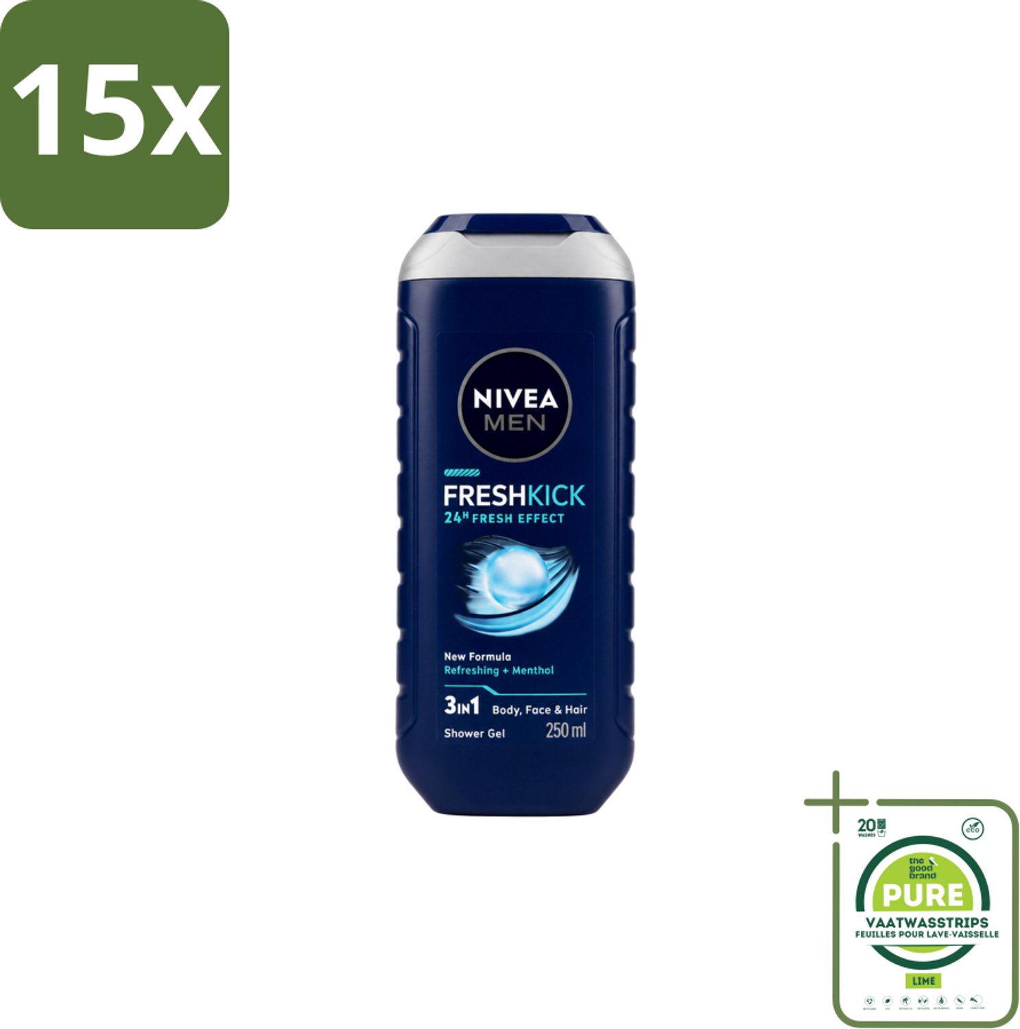 15 x Nivea Men – Douchegel – Fresh Kick – 250 ml - Grootverpakking - Vaatwasstrips - Douchegel - Verfrissend - Munt - Lichaam - Gezicht