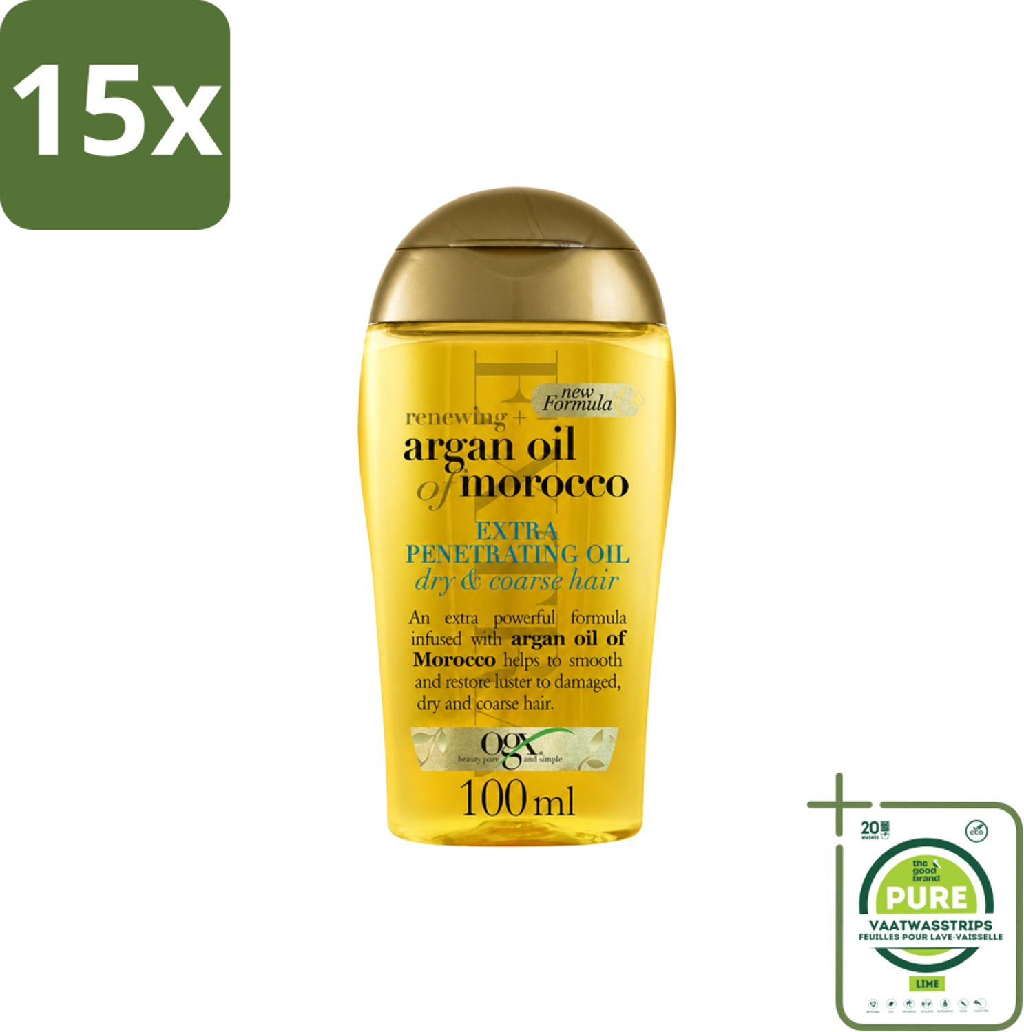 15 x OGX – Haarolie – Argan Oil of Morocco Extra Penetrating – Verzorgend - Grootverpakking - Vaatwasstrips - Haartype - Haarherstel - Haarvoeding - Arganolie - Droog Haar
