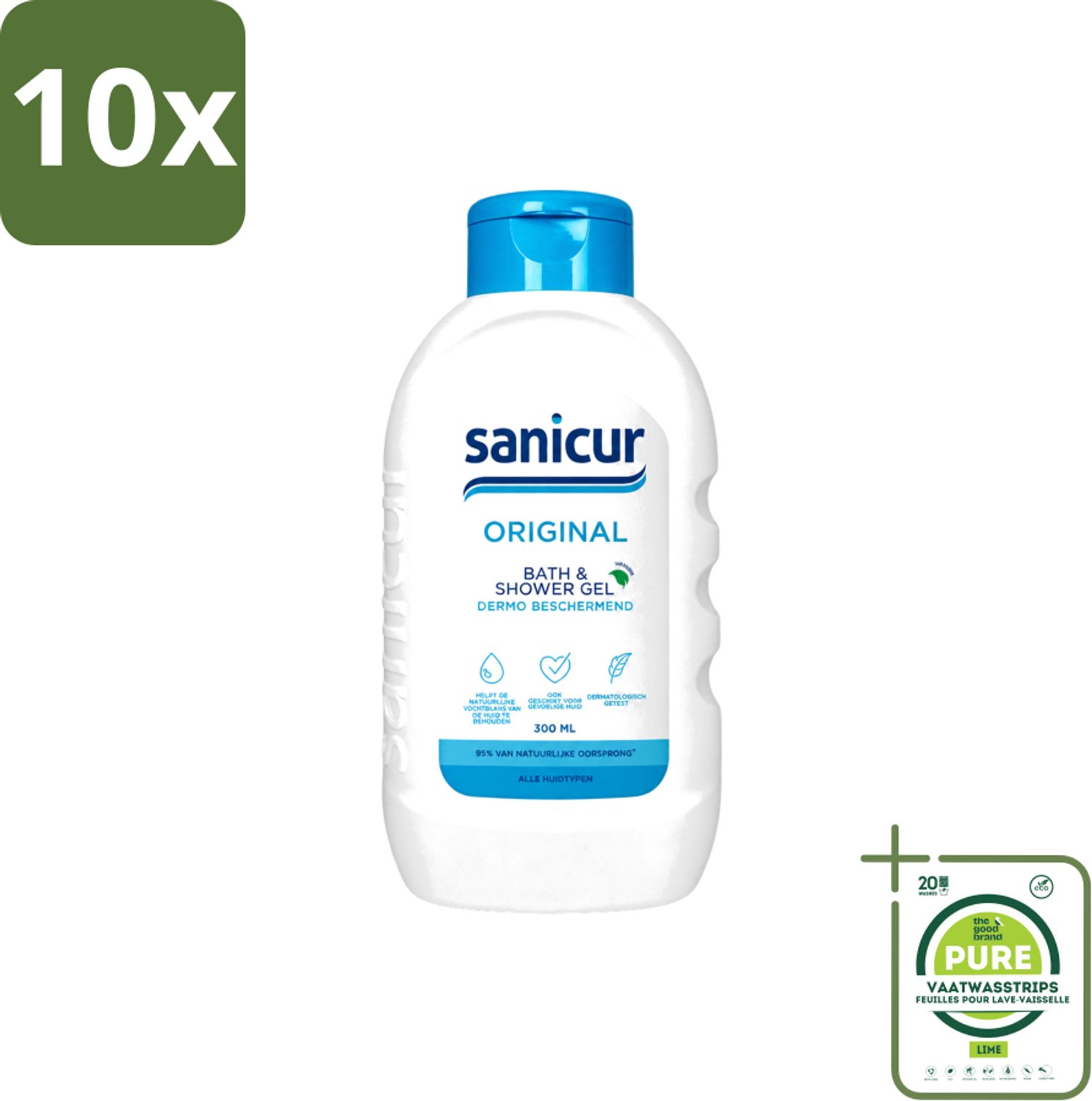 10 x Sanicur – Bad & Douchegel – Original – 300 ml - Grootverpakking - Vaatwasstrips - Bad En Douchegel - Milde Reiniging - Huidverzorging - Hydraterende Gel - Gevoelige Huid