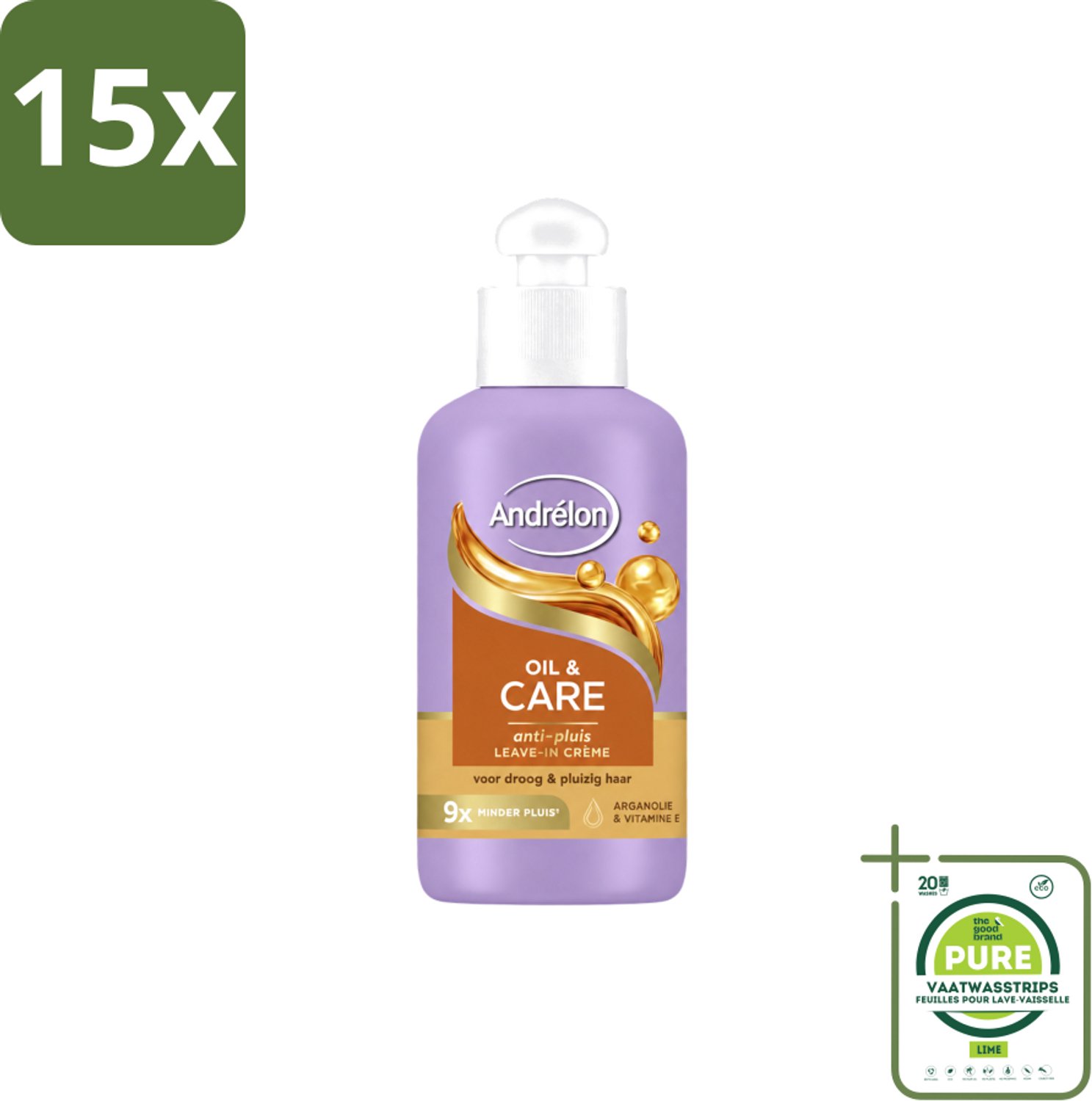 15 x Andrélon – Leave-In Crème – Oil & Care – 200 ml - Grootverpakking - Vaatwasstrips - Haarkruid - Anti-pluis - Voeding Haar - Pluiscontrole - Arganolie