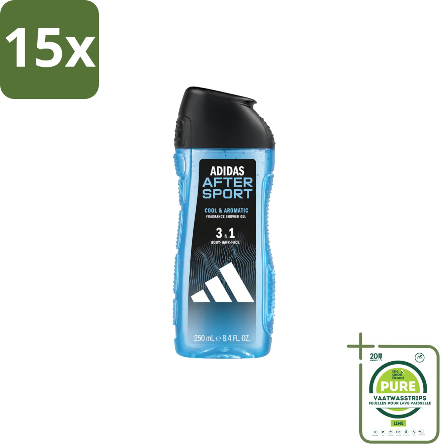 15 x Adidas – Douche & Shampoo – Men After Sport – 250 ml - Grootverpakking - Vaatwasstrips - Sport Na Sport - Sportverzorging - Lichaam En Haar Verzorging - Menthol - Frisheid