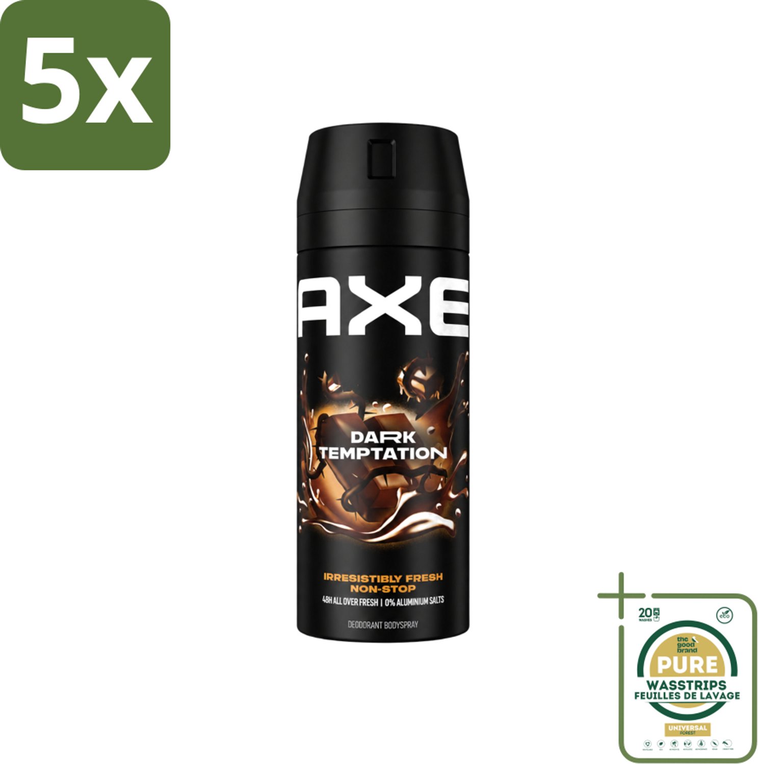 5 x Axe - Deodorant Bodyspray - 48hrs Non Stop Fresh - Dark Temptation - Dark Chocolate - 150 ml - Wasstrips - Deodorant Bodyspray - Geurbeheersing - Donker Chocolade - Kruiden - 48 Uur Fris