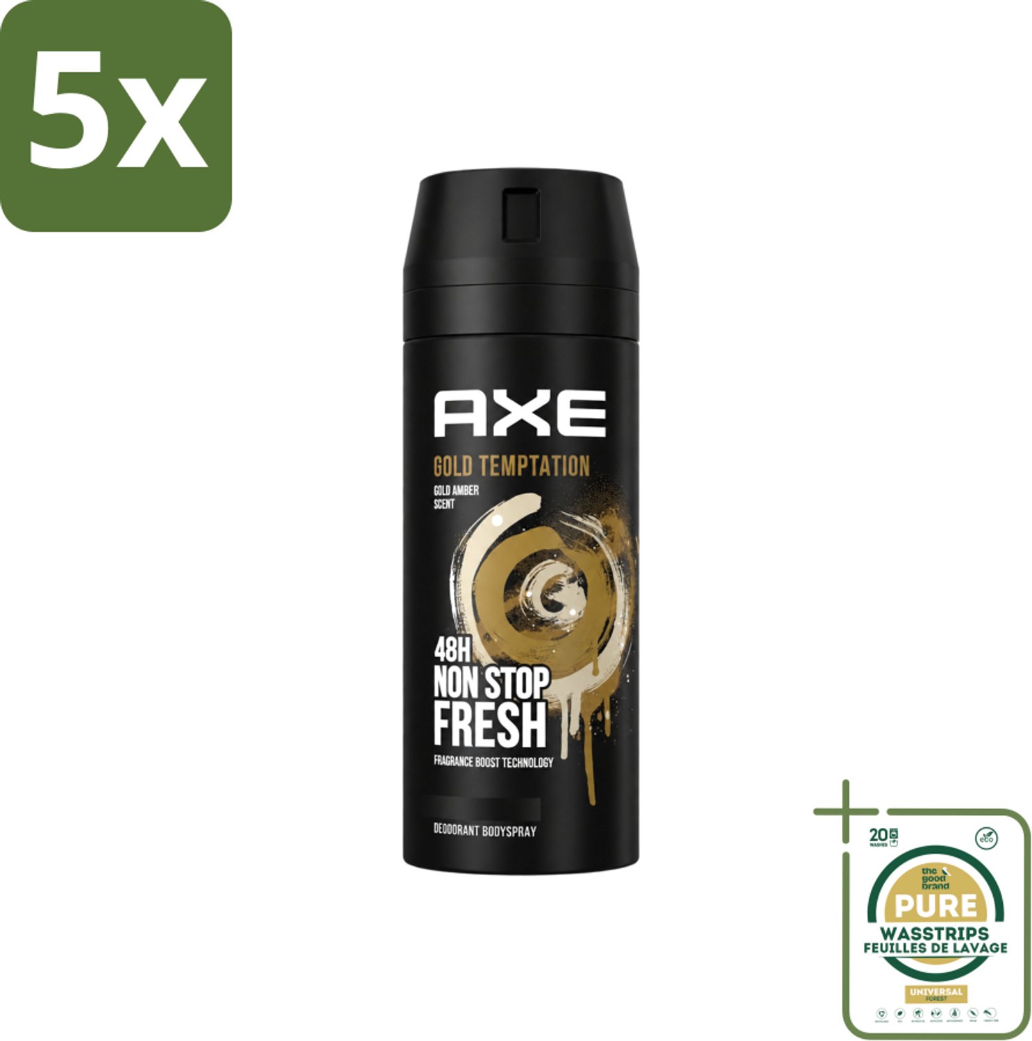 5 x Axe - Deodorant Bodyspray - 48hrs Non Stop Fresh - Gold Temptation - Gold Amber - 150 ml - Wasstrips - Deodorant Bodyspray - Frisheid - Geur - Citrus - Kruiden