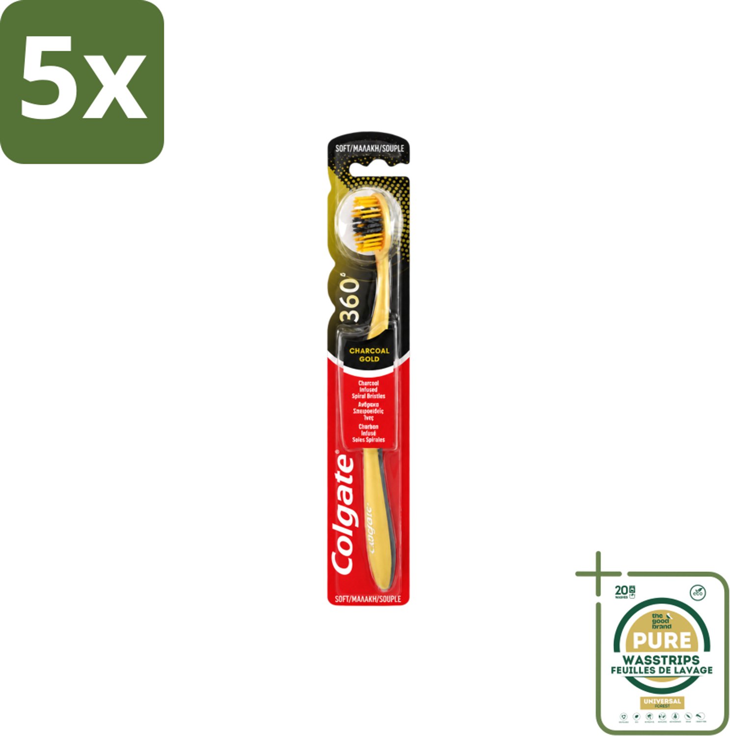 5 x Colgate - Tandenborstel - 360 Charcoal Gold Soft - Zwart/Goud - 1 Tandenborstel - Wasstrips - Tandenborstel - Houtskool - Tanden Reinigen - Tanden Witter Maken - Tandenborstel Zacht