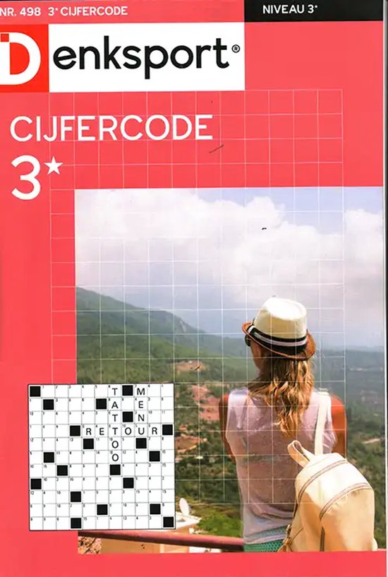 Denksport Cijfercode puzzelboekje niveau 3, met foto van vrouw met hoed die uitkijkt over een berglandschap.
