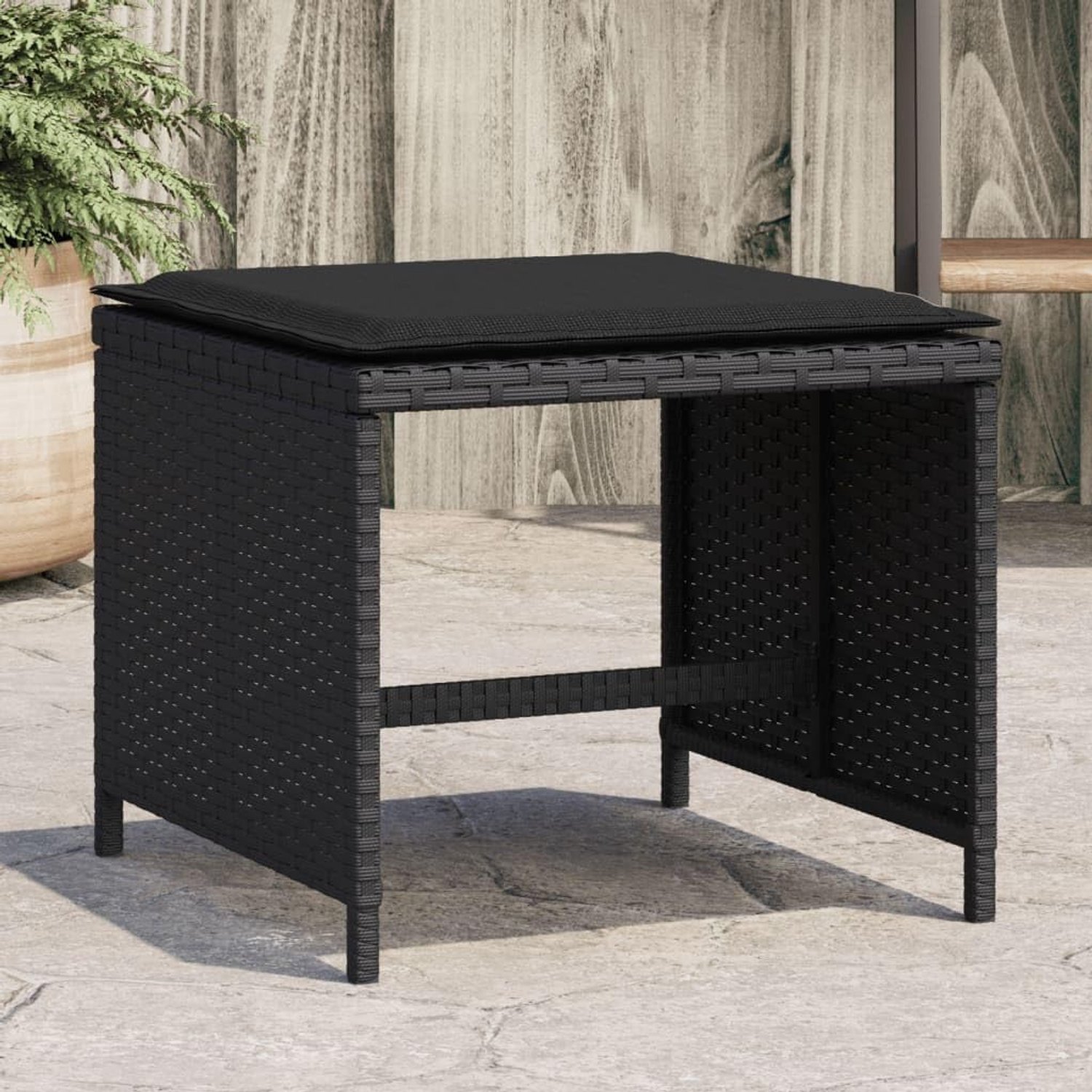 Set van 4 tuinkrukken met kussen, voetensteun, polyrotan, outdoor, zwart, 40 x 40 x 35 cm