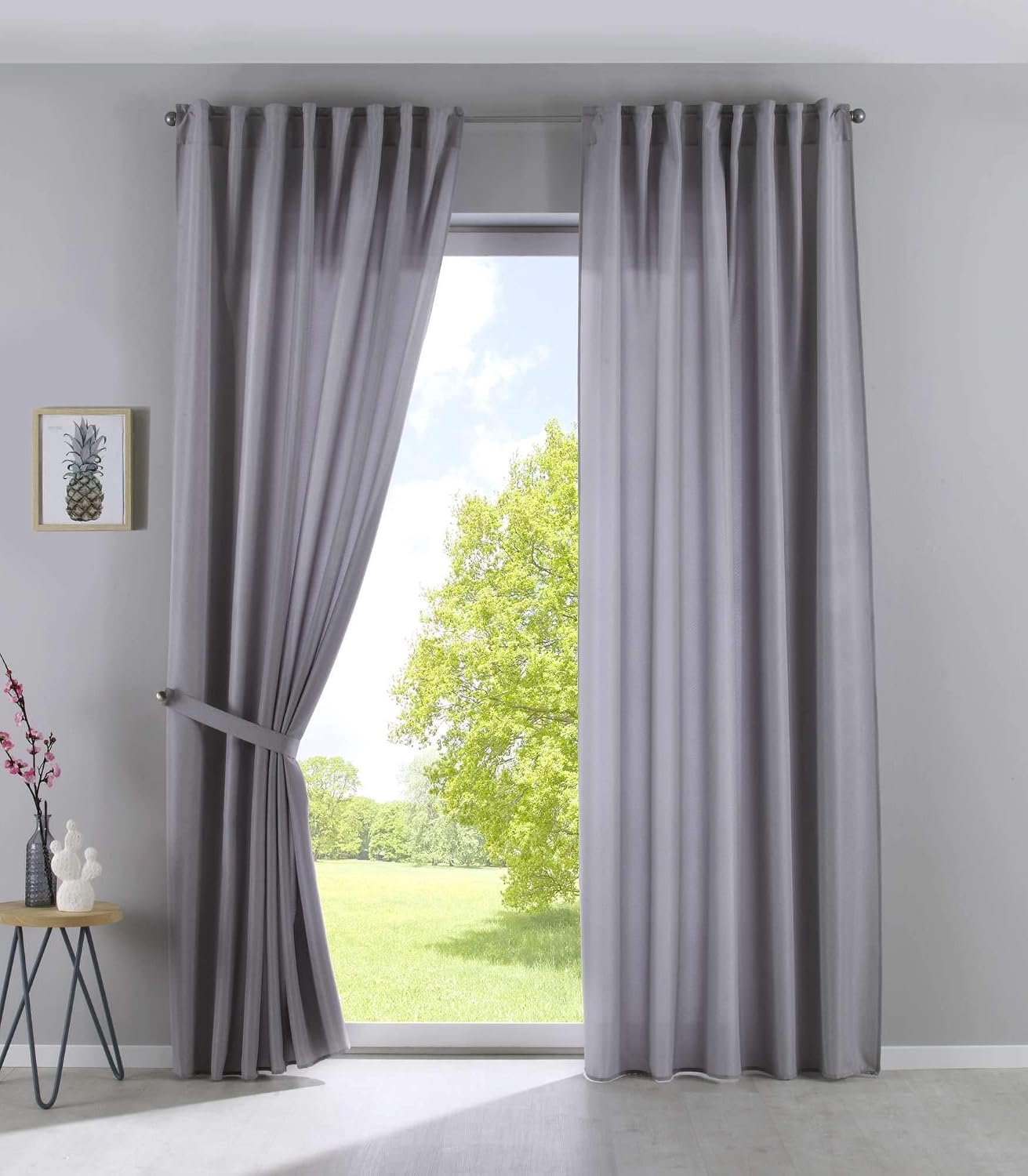 2019037-2, set van 2 gordijnen, verborgen lussen, ondoorzichtig, linnenlook, HxB 145 x 140 cm, gemêleerd, gordijn met gordijnhouder