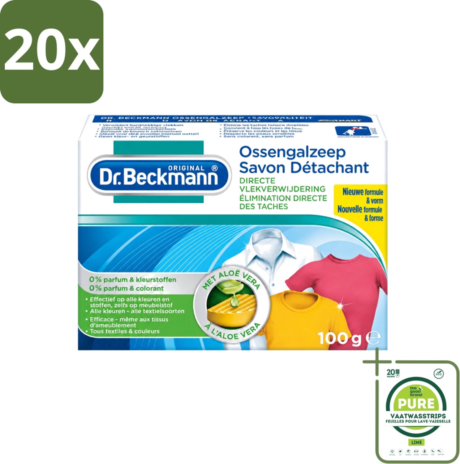 20 x Dr.Beckmann - Vlekkenverwijderaar - Ossengalzeep Met Aloë Vera - Witte en Gekleurde Was - 100g - Grootverpakking - Vaatwasstrips - Vlekkenverwijderaar - Textiel Reinigen - Tapijt Reinigen - Meubel Reinigen - Aloë Vera