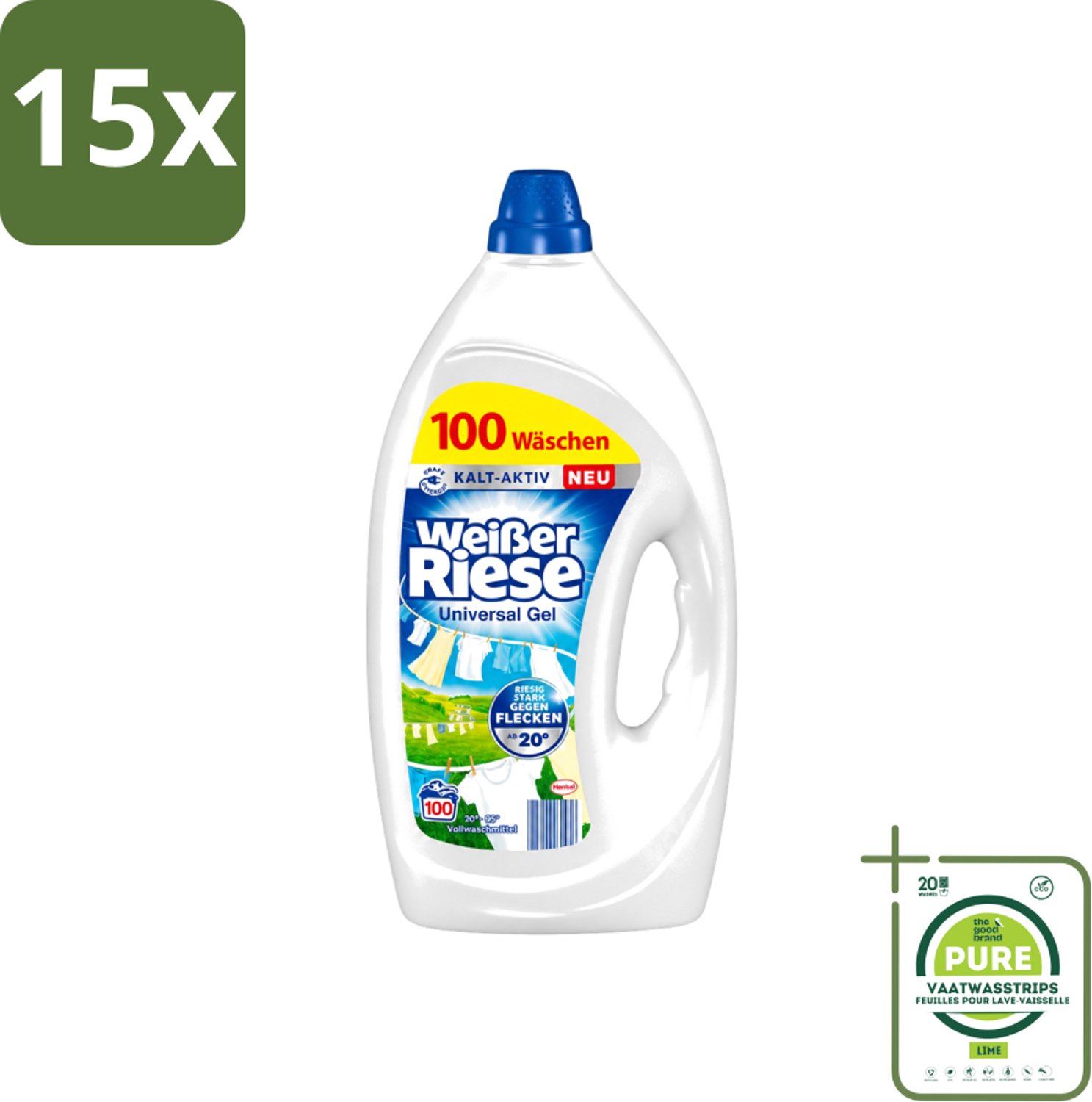 15 x Weißer Riese - Wasmiddel - Gel - Witte Was - 4.5L - 100 Wasbeurten - Grootverpakking - Vaatwasstrips - Wasmiddel Gel - Witte Was - Reiniging - Vlekken Verwijderen - Wasbeurten