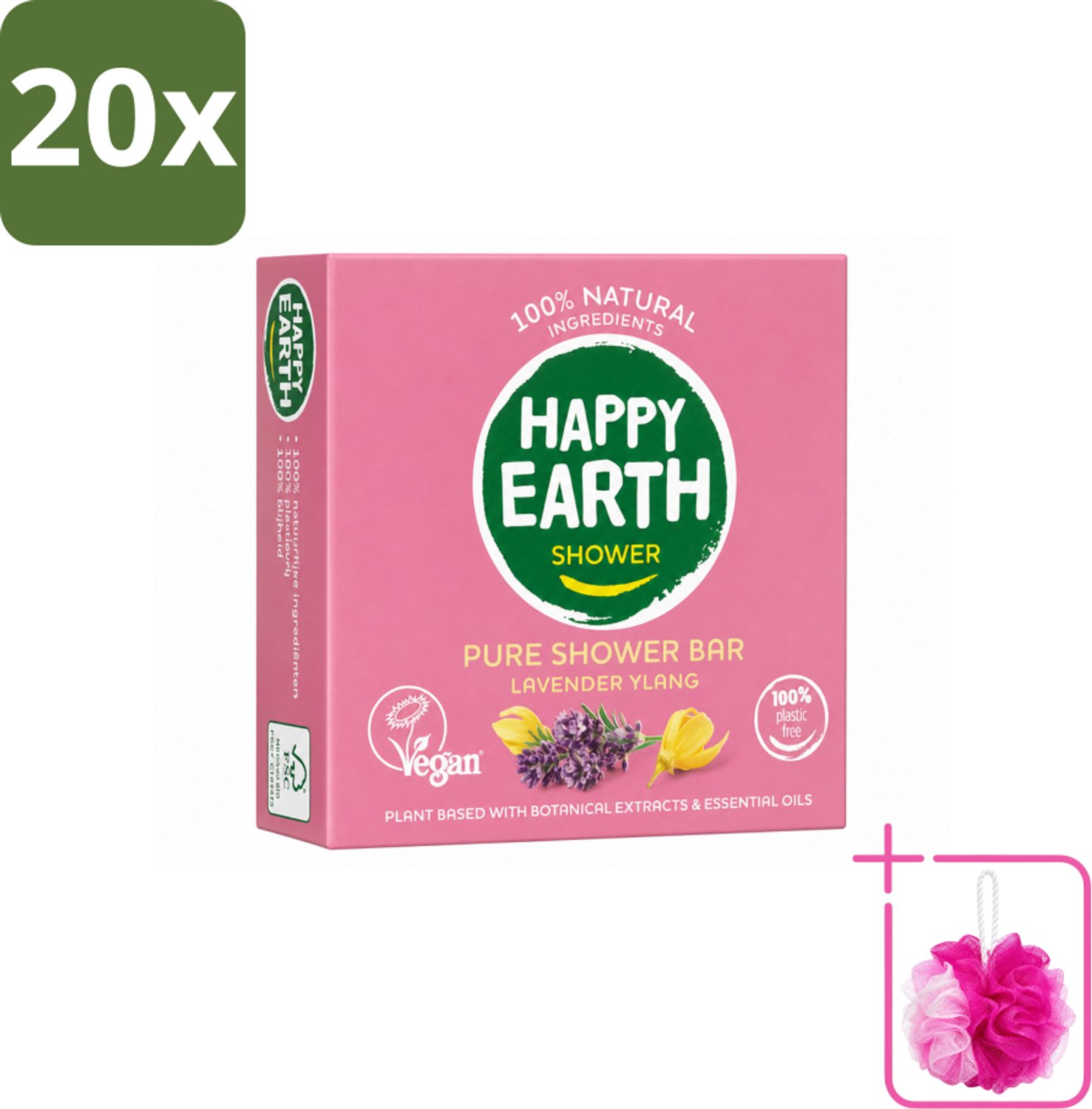 20 x Happy Earth – Shower Bar – 100% Natuurlijk Lavender Ylang – 90 g - Bulkverpakking - Douchegel - Douchemop - Natuurlijke douchegel