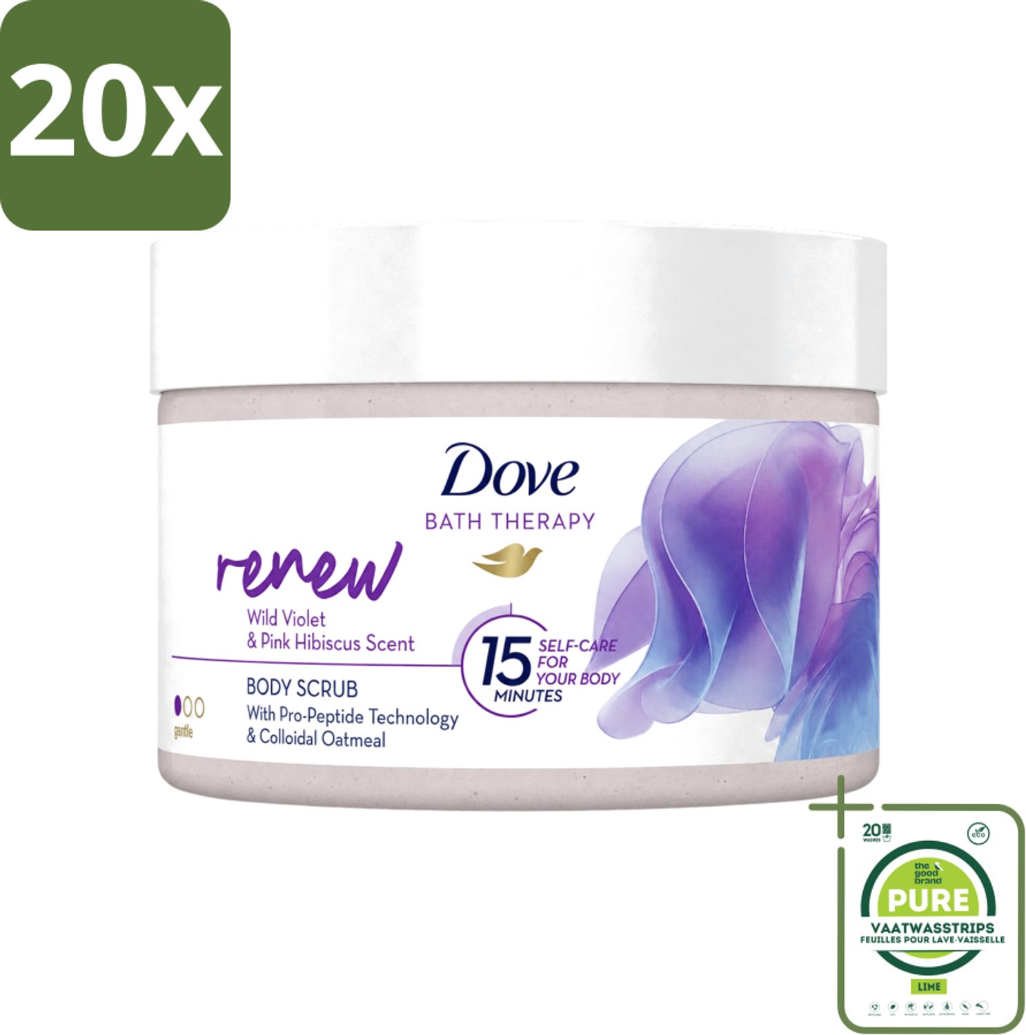 20 x Dove Bath Therapy Renew - Bodyscrub - Wilde Viooltjes & Roze Hibiscus - 295 ml - Grootverpakking - Vaatwasstrips - Huidvernieuwing - Huidscrub - Exfoliatie - Zachte Huid - Huidverzorging