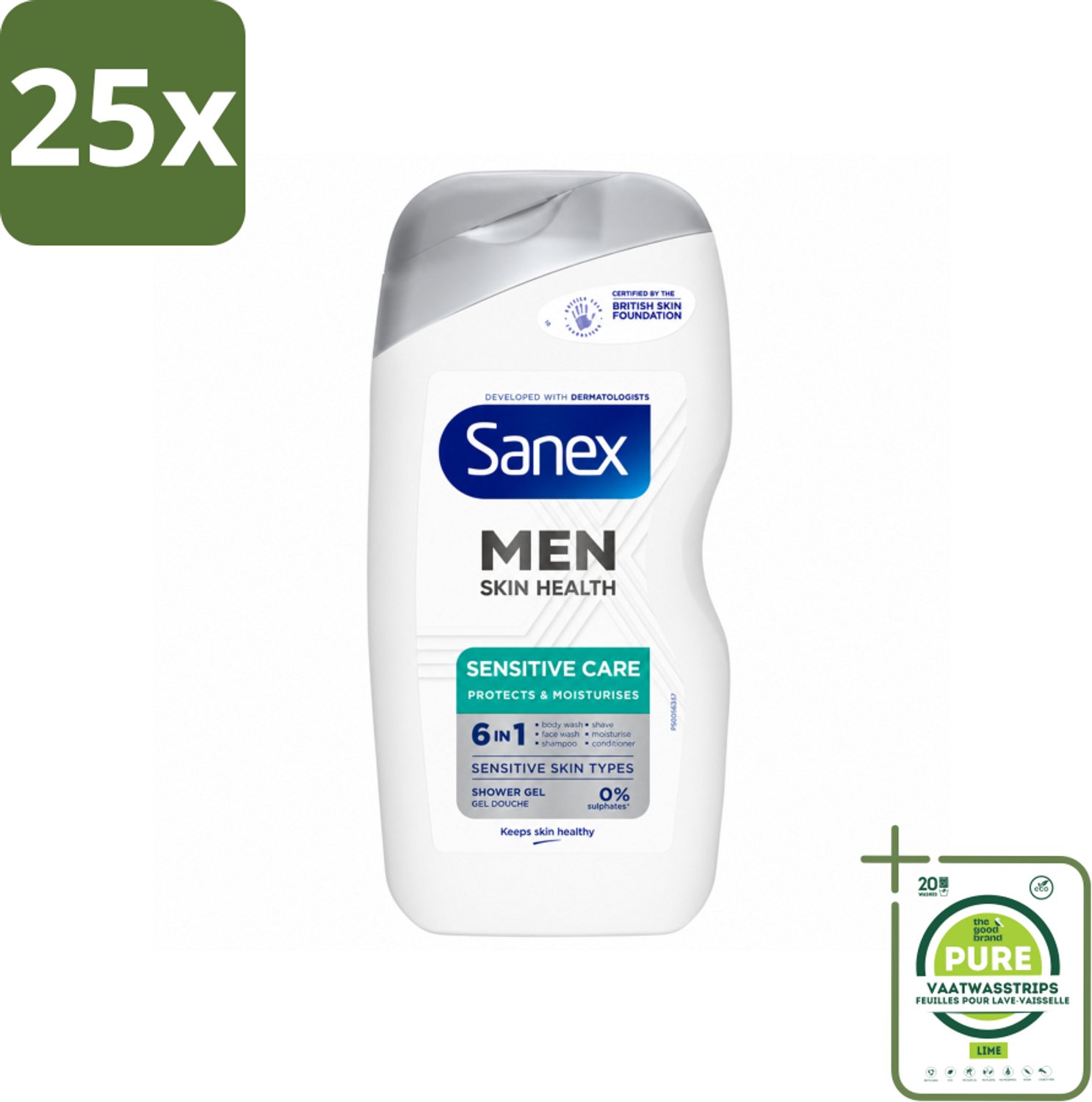 25 x Sanex – Douchegel – Men Sensitive – 400 ml - Grootverpakking - Vaatwasstrips - Gevoelige Mannenhuid - Douchegel - Scheergel - Lichaamsschoonheid - Gezichtsverzorging