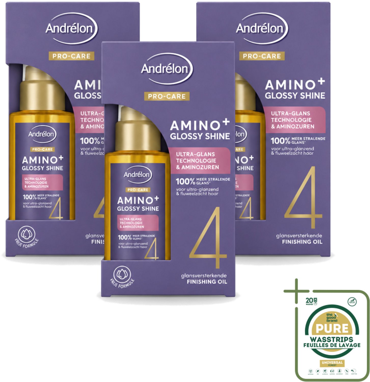 3 x Andrélon – Finishing Oil – Pro Care Amino+ Glossy Shine – 50 ml - Wasstrips - Haarverzorging - Haaroppervlak - Glans - Haarpunten - Pluiscontrole