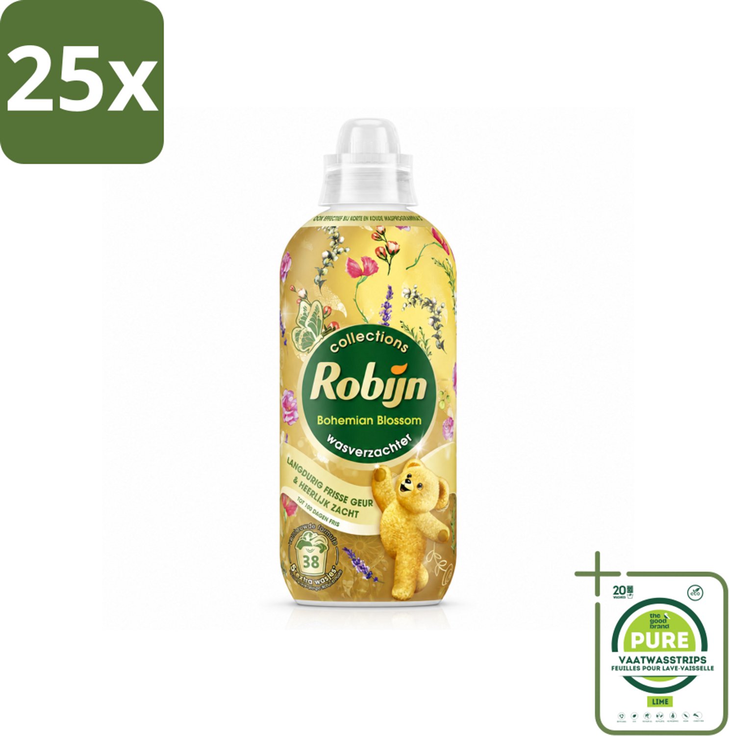 25 x Robijn – Wasverzachter – Bohemian Blossom – 765 ml - Grootverpakking - Vaatwasstrips - Wasverzachter - Bloemige Geur - Wasverzachter Fles - Kleding Verzorgen - Vezels Beschermen
