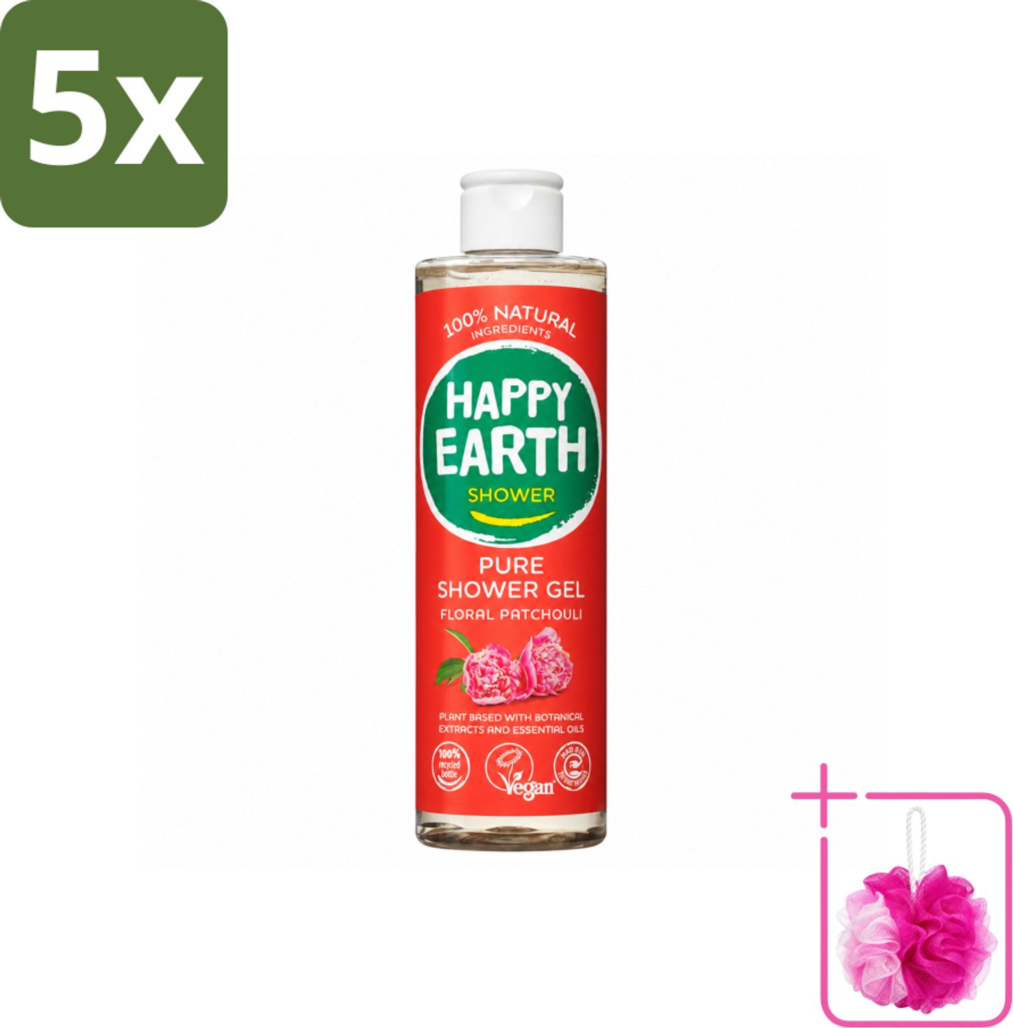 5 x Happy Earth – Douchegel – 100% Natuurlijk Floral Patchouli – 300 ml - Bulkverpakking - Douchegel - Douchemop - Natuurlijke douchegel