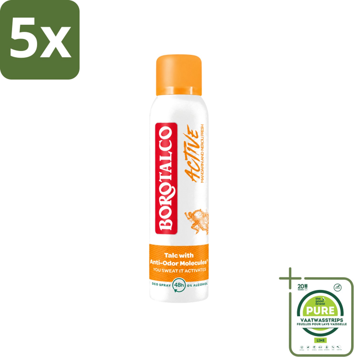 5 x Borotalco - Deodorant Spray - Active - Mandarin & Neroli Fresh - 0% Alcohol - 150 ml - Grootverpakking - Vaatwasstrips - Deodorant Spray - Mandarijn En Neroli - Geur - Transpiratie - Geurvervoeging