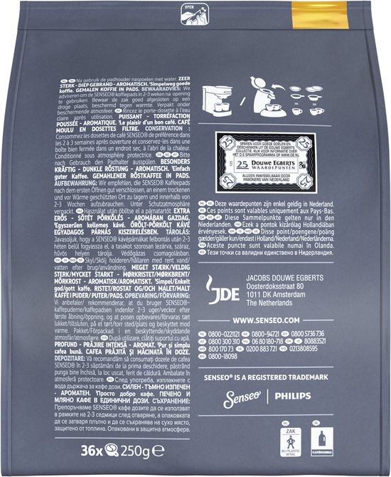 Achterkant van een Senseo Espresso verpakking met productinformatie, bereidingsinstructies en contactgegevens.