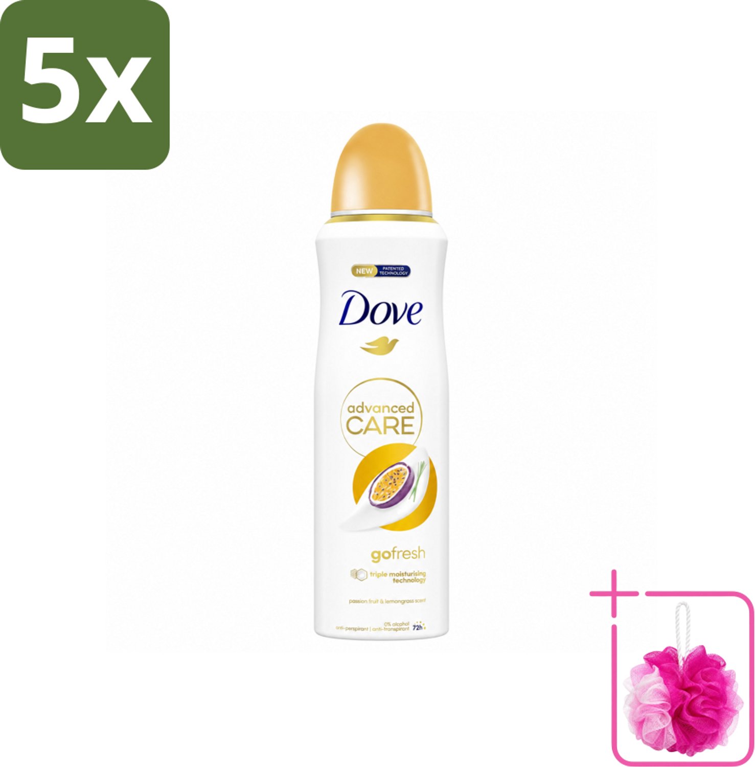 5 x Dove – Deodorant Spray – Go Fresh Passievrucht – 200 ml - Bulkverpakking - Anti-transpirant - Douchemop - Deodorant spray