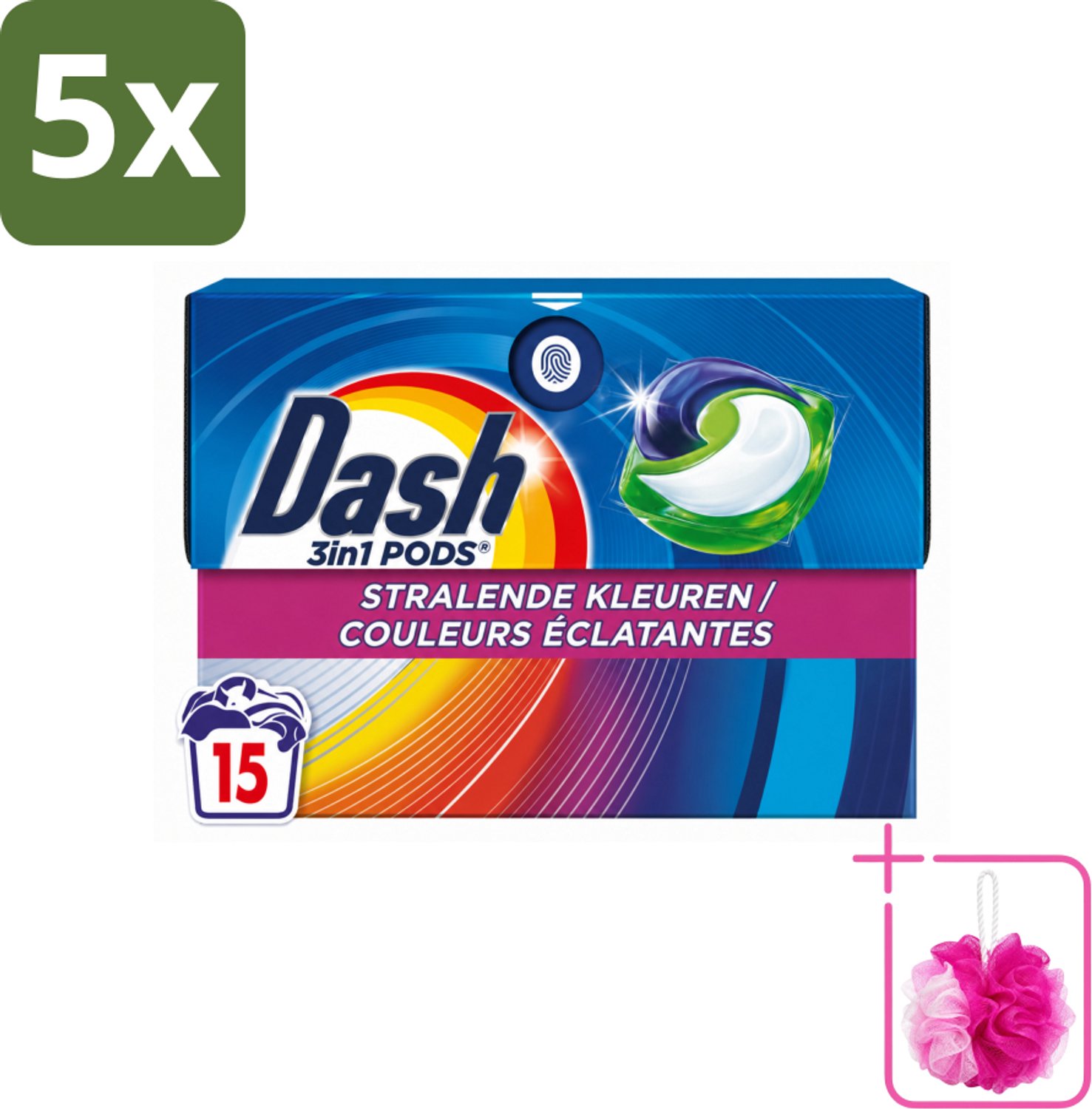 5 x Dash – Wasmiddelcapsules – 3in1 Pods Stralende Kleuren – 15 capsules - Bulkverpakking - Wasmiddel - Douchemop - Kleuren behouden