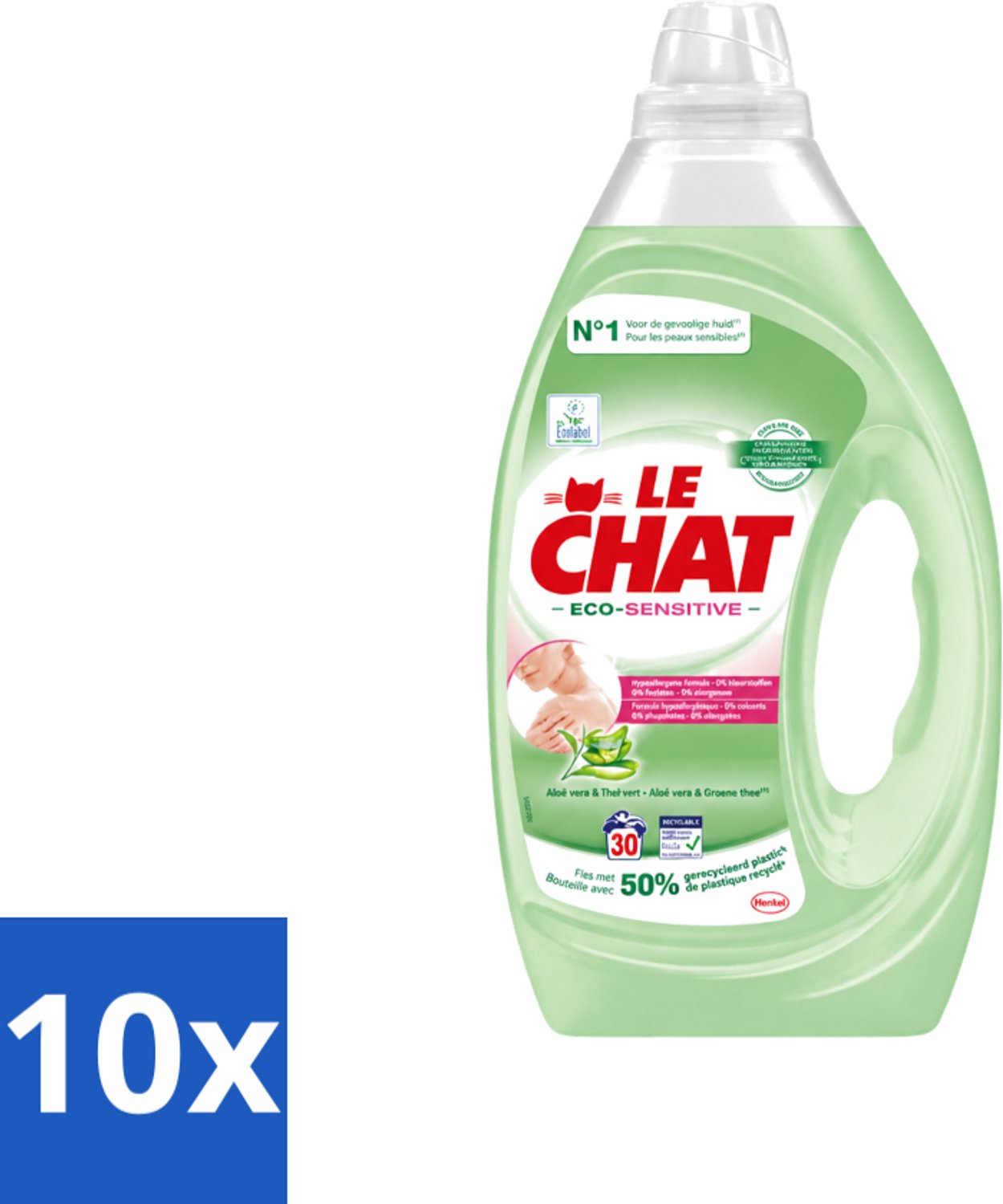 10 x Le Chat Eco-Sensitive - Vloeibaar Wasmiddel - Witte en Gekleurde Was - Aloë Vera & Groene Thee - 30 Wasbeurten - Voordeelverpakking - 10 stuks