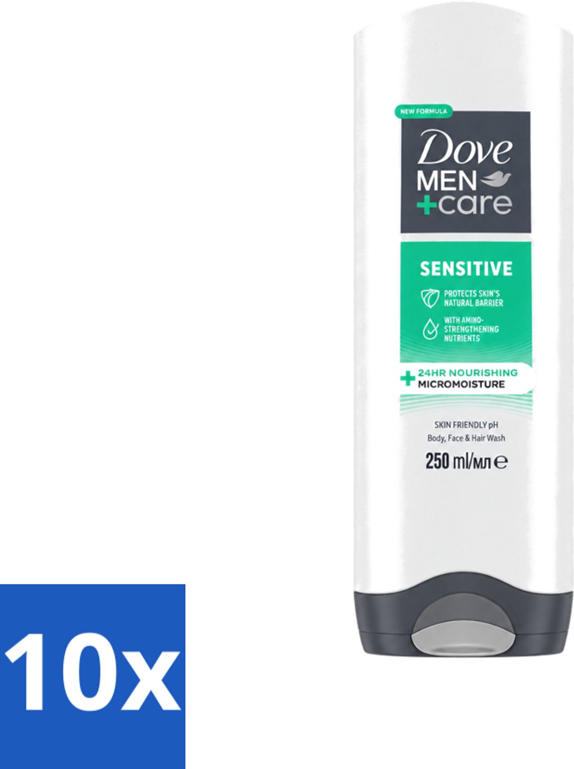 10 x Dove Men+Care - Sensitive - Douchegel 3-in-1 - Verzorgend - 250 ml - Voordeelverpakking - 10 stuks