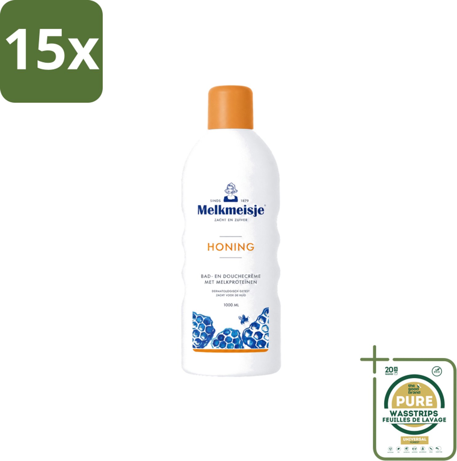 15 x Melkmeisje – Bad & Douche – Honing – 1000 ml - Wasstrips - Bad En Douche Crème - Honing Crème - Voedend Badmiddel - Verzorgend Badmiddel - Honinggeur