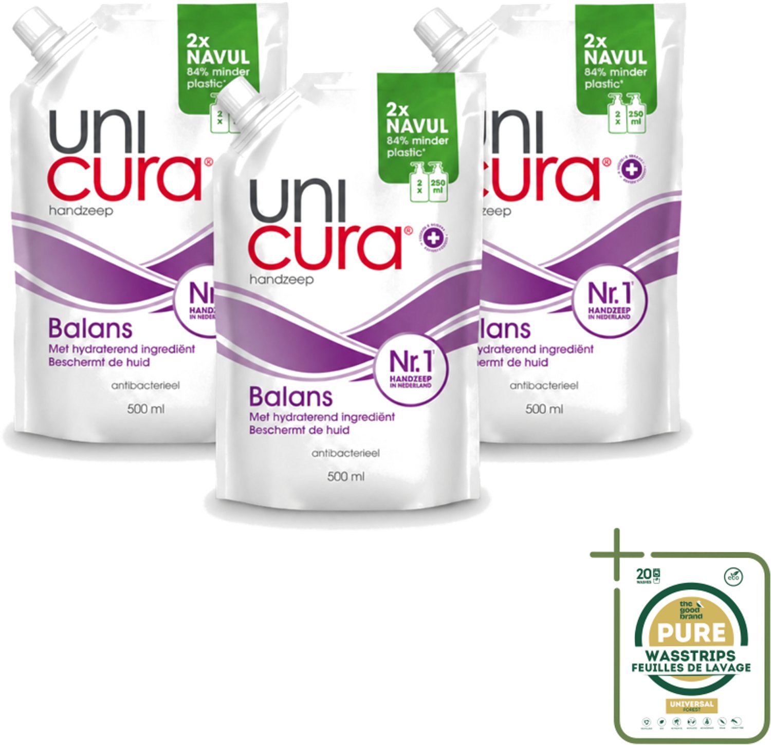 3 x Unicura – Vloeibare Handzeep Navulling – Balans – 500 ml - Wasstrips - Handzeep - Antibacterieel - Zeep Navulling - Huidbescherming - Zeep Voor Huid