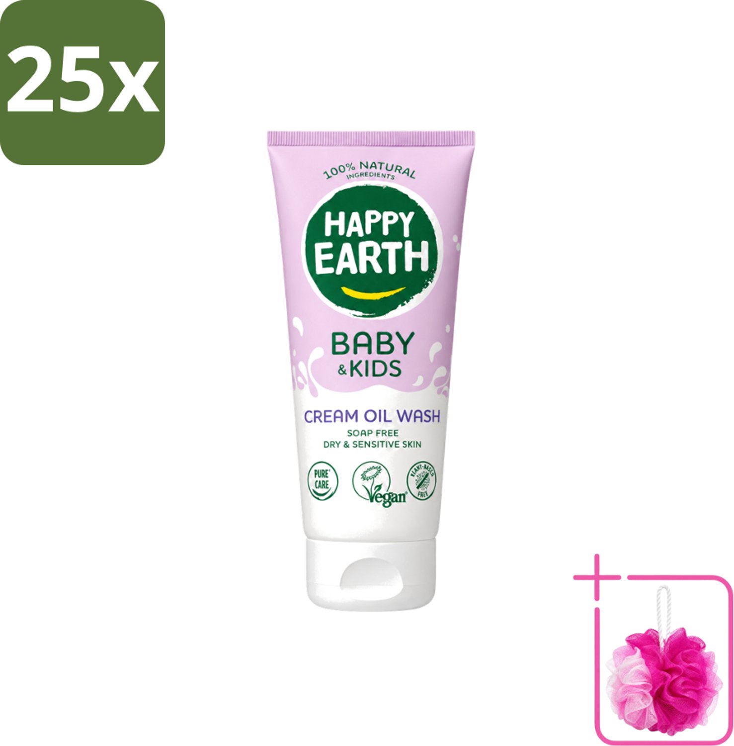25 x Happy Earth – Cream Oil Wash – 100% Natuurlijk Baby & Kids – 200 ml - Bulkverpakking - Babyolie - Douchemop - Gezichtsolie